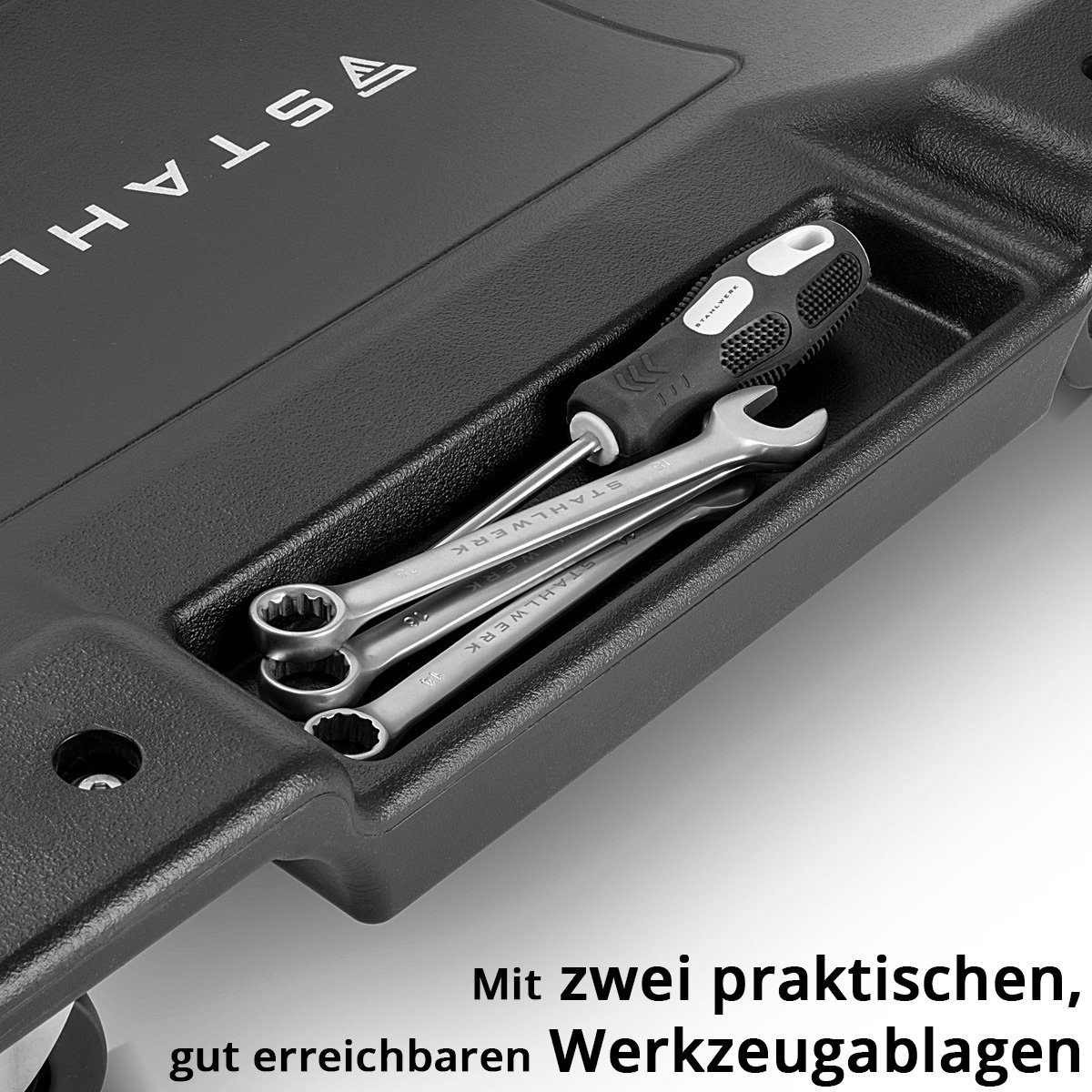STAHLWERK Werkzeugwagen Kfz Rollbrett Montageliege 500 kg Werkzeug Organizer 5 Fächer 45 kg