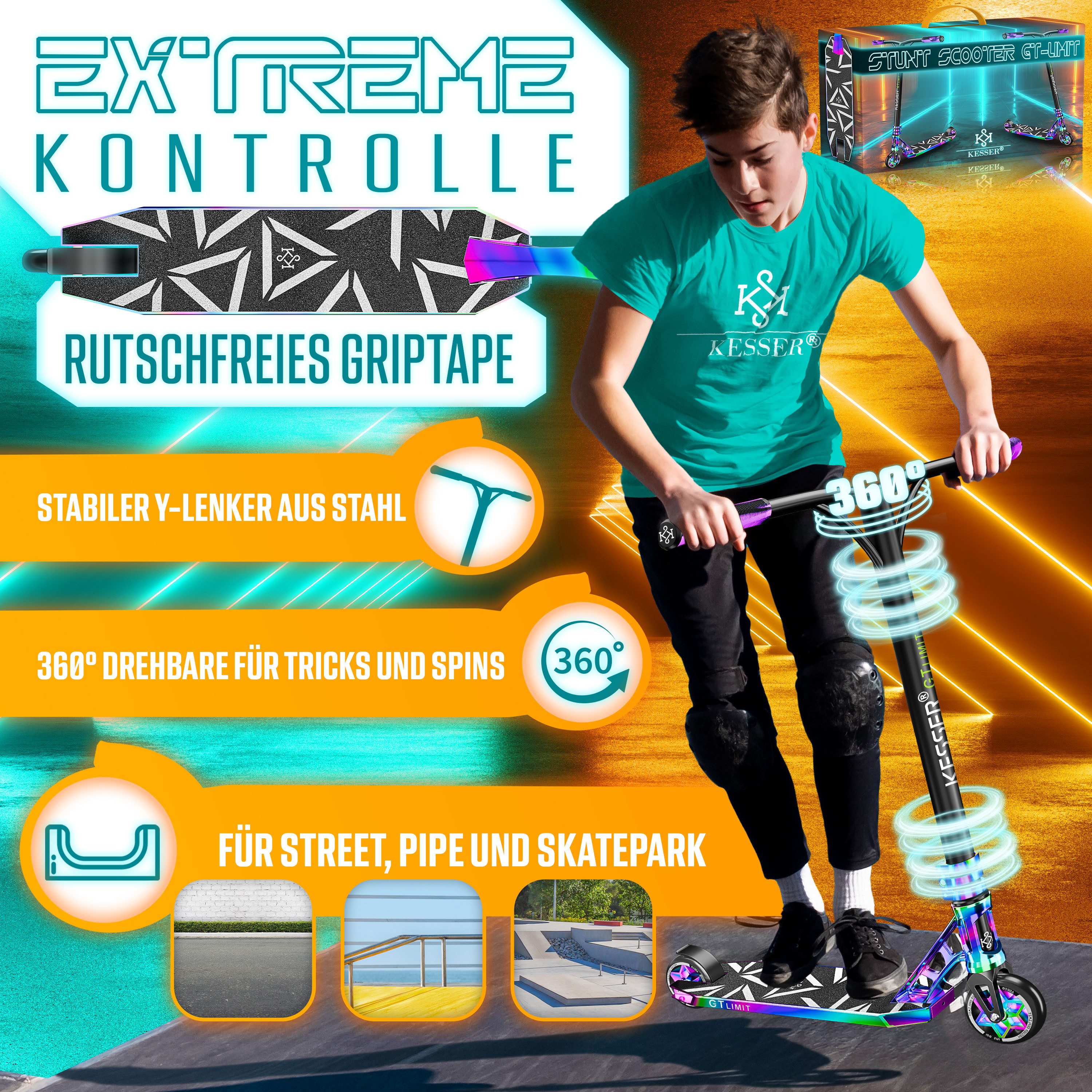 KESSER Scooter, Stuntscooter GT-Limit 360° Lenkung Funscooter Kickscooter Tretroller