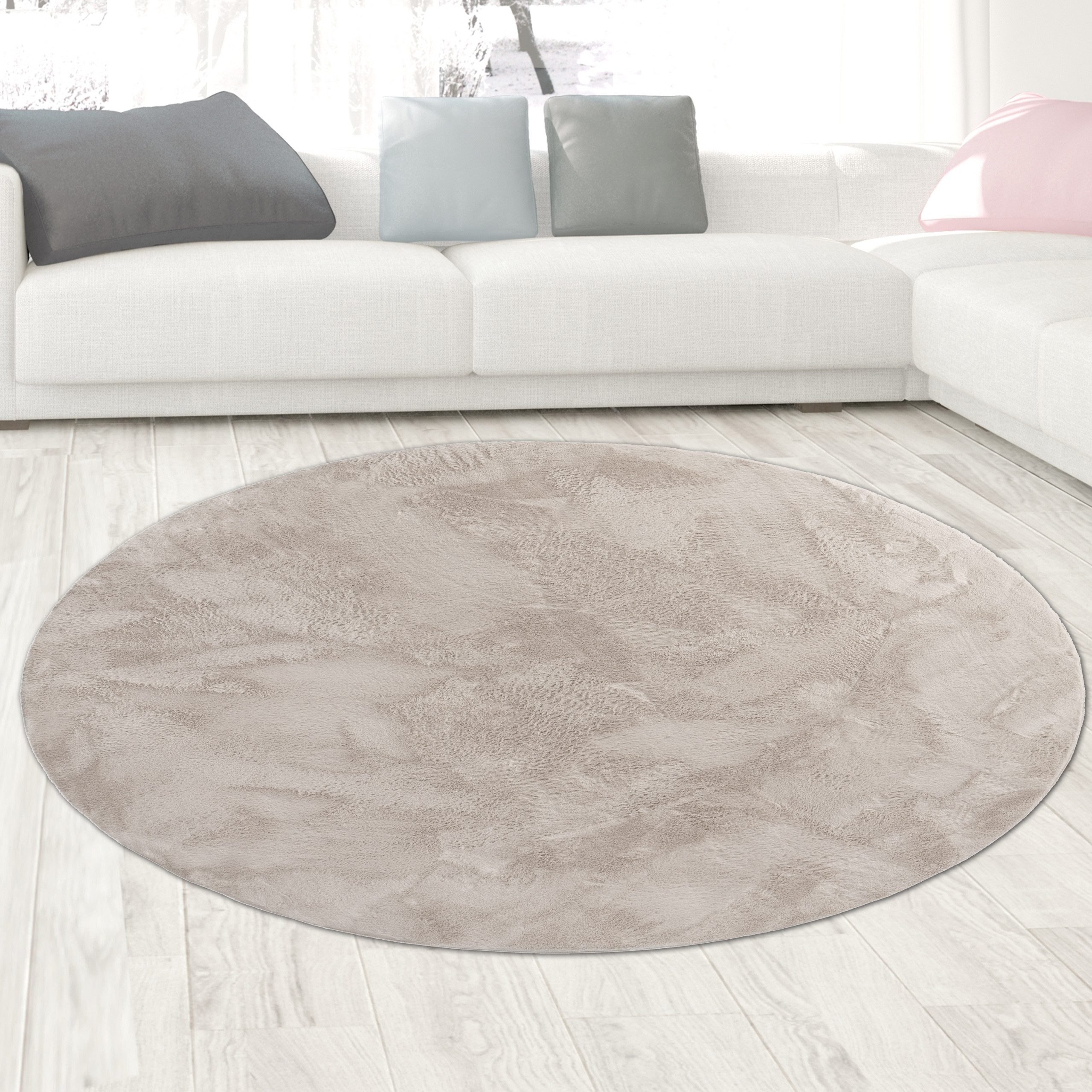 Carpetia Fellteppich Kunstfell Hasenfell-Optik, rund, Höhe: 10 mm, seidig weich & flauschig mit dichter Kurzflorstruktur