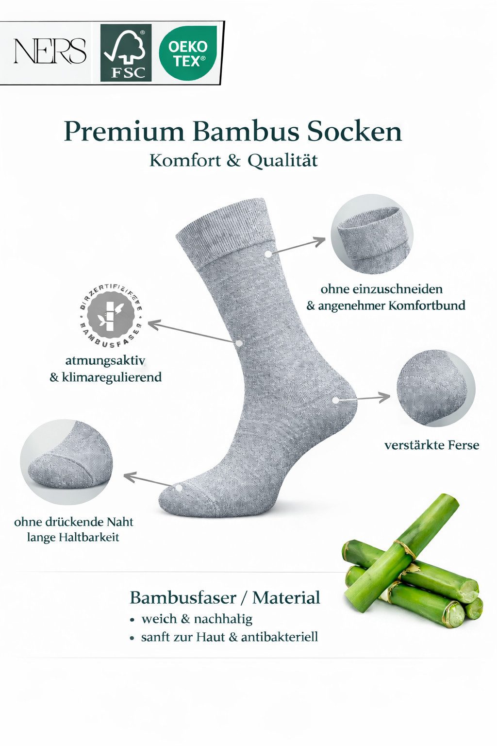 NERS Basicsocken 6 Paar Socken aus Bambus Damen & Herren, ohne Naht, Komfortbund (6-Paar) Premium Bambussocken Atmungsaktiv, & Weich, Geschenkbox