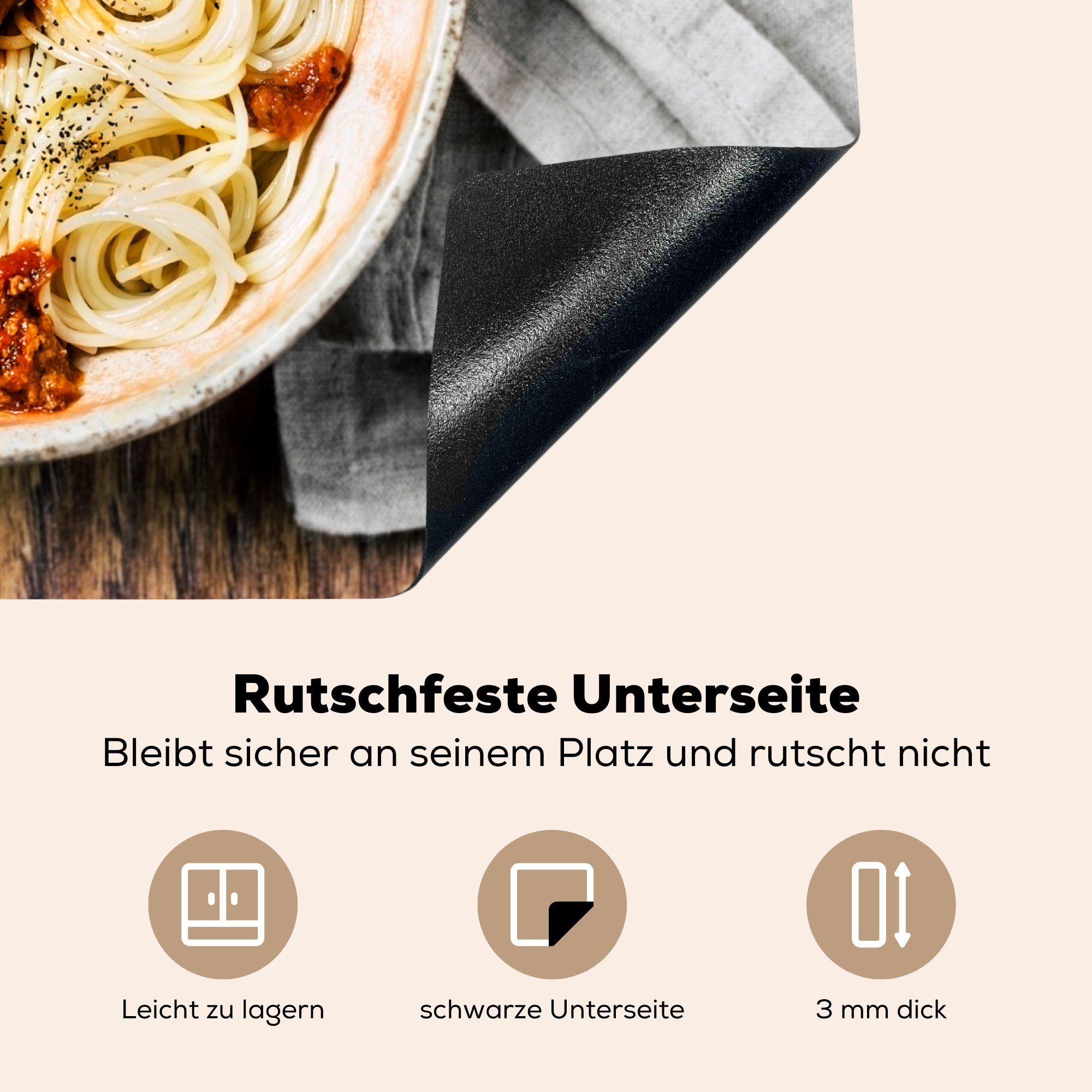 nutzbar, Vinyl, MuchoWow Arbeitsfläche 60x52 mit Mobile Mozzarella, tlg), Herdblende-/Abdeckplatte Spaghetti cm, (1 Ceranfeldabdeckung