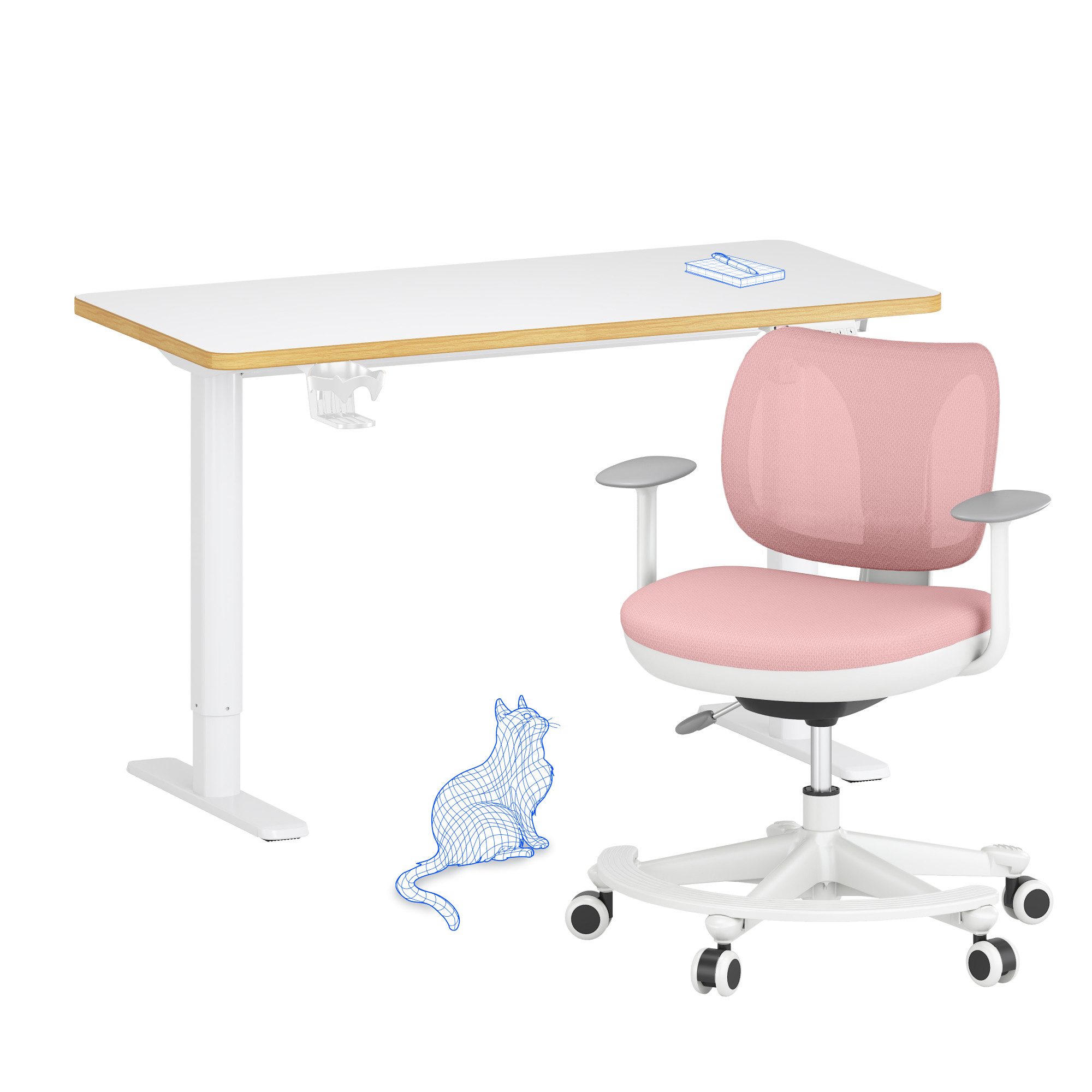 FLEXISPOT Schreibtisch Kinderschreibtisch Höhenverstellbar (16mm Abgerundete Tischecken, LED-Display & 3 Speichertaste), MIT 2xHaken& 1xBecherhalter, Kindertisch Stuhl Set