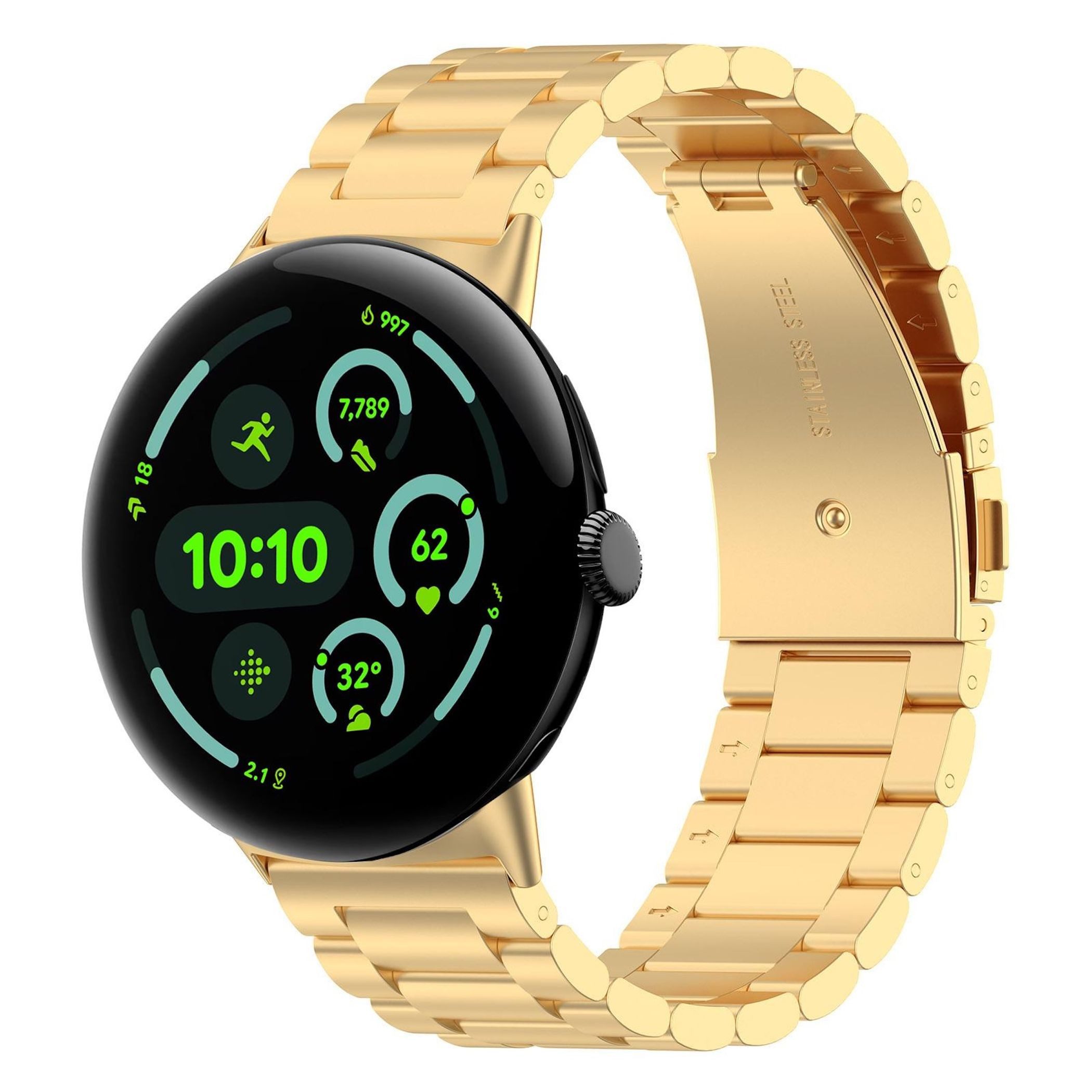 Wigento Smartwatch-Armband Edelstahl für Google Pixel Watch 4 / 3 / 2 41mm Three Bead Gold, Verstellbar, robust, Schnellverschluss