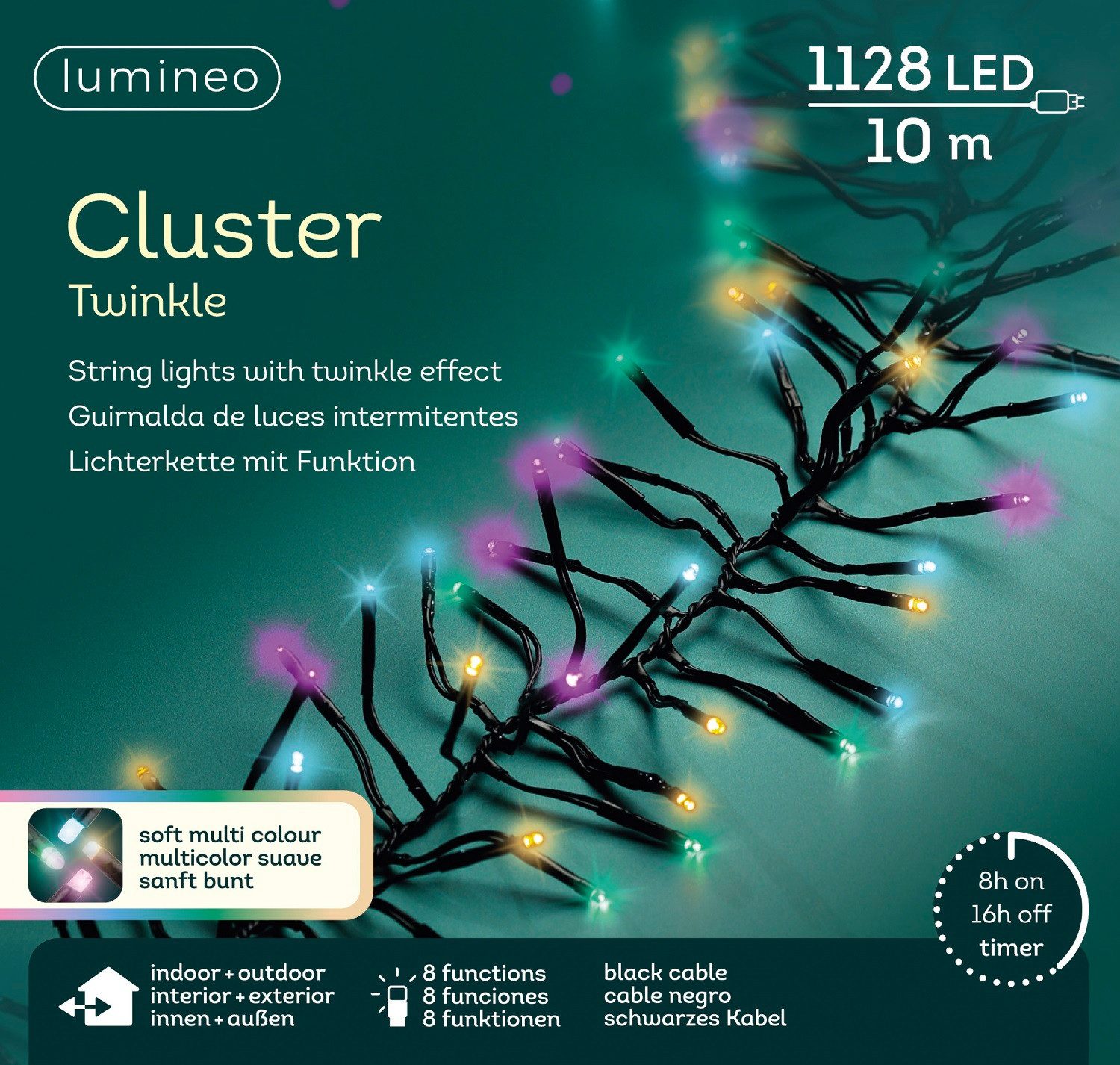 Lumineo LED-Lichterkette Lumineo Lichterkette CLUSTER TWINKLE 1128 LED 10,5 m BUNT, schwarz, Indoor/Outdoor, 8 Effekte, 8h-Timer, + 5 Meter Zuleitung