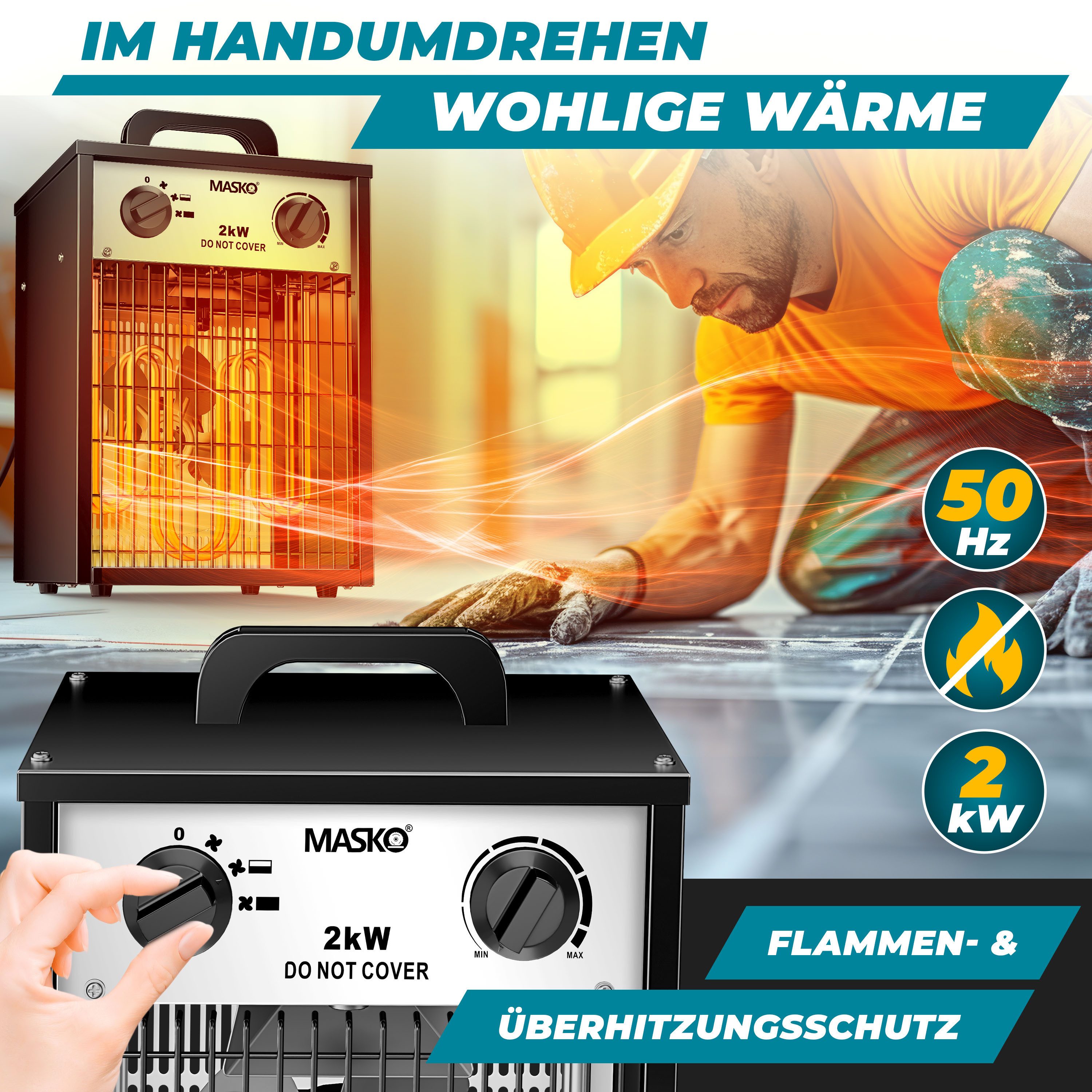 MASKO Heizlüfter, 2000 W, Elektroheizer Heizlüfter Bauheizer mit integriertem Thermostat