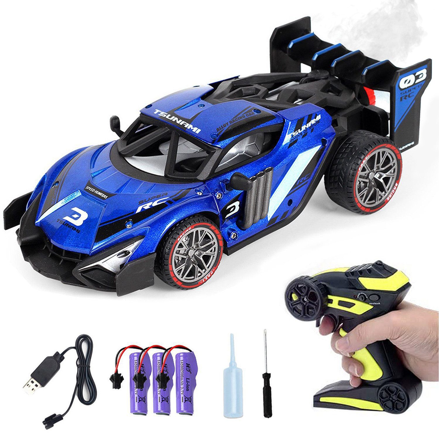 Esun RC-Auto Ferngesteuertes Auto ab 3 4 5 6 8 Jahre, RC Drift Car 1:16 (Komplettset), RC Auto Kinder mit Sprühnebel-LED-Leuchten