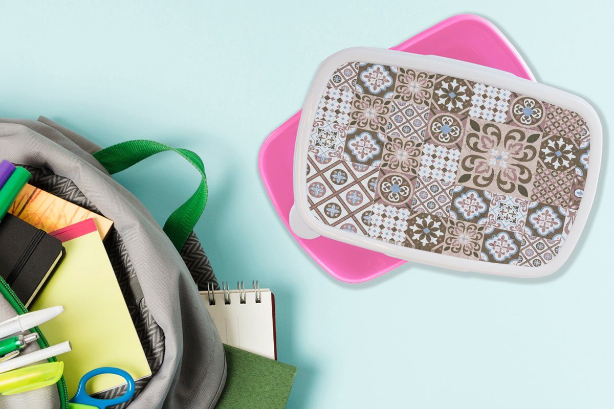 - Snackbox, Kinder, Braun (2-tlg), Brotbox Blumen Kunststoff, Erwachsene, - Kunststoff Muster - - Formen, Lunchbox MuchoWow Vintage Brotdose für Mädchen, rosa