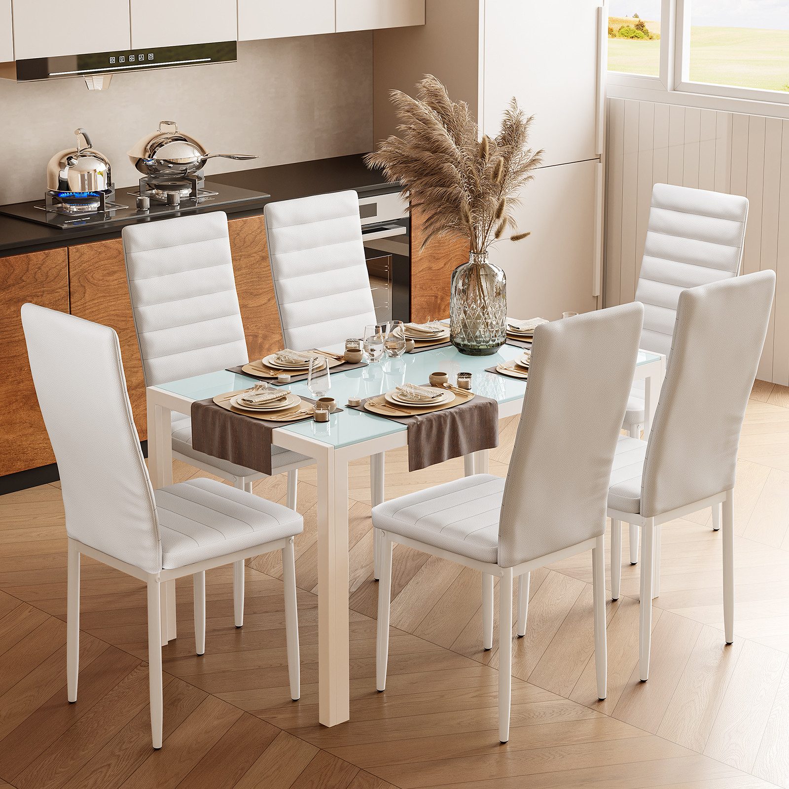 Bealife Essgruppe,7-tlg(Esstisch und 6 stühlen), Küchentisch, Tischplatte aus glas