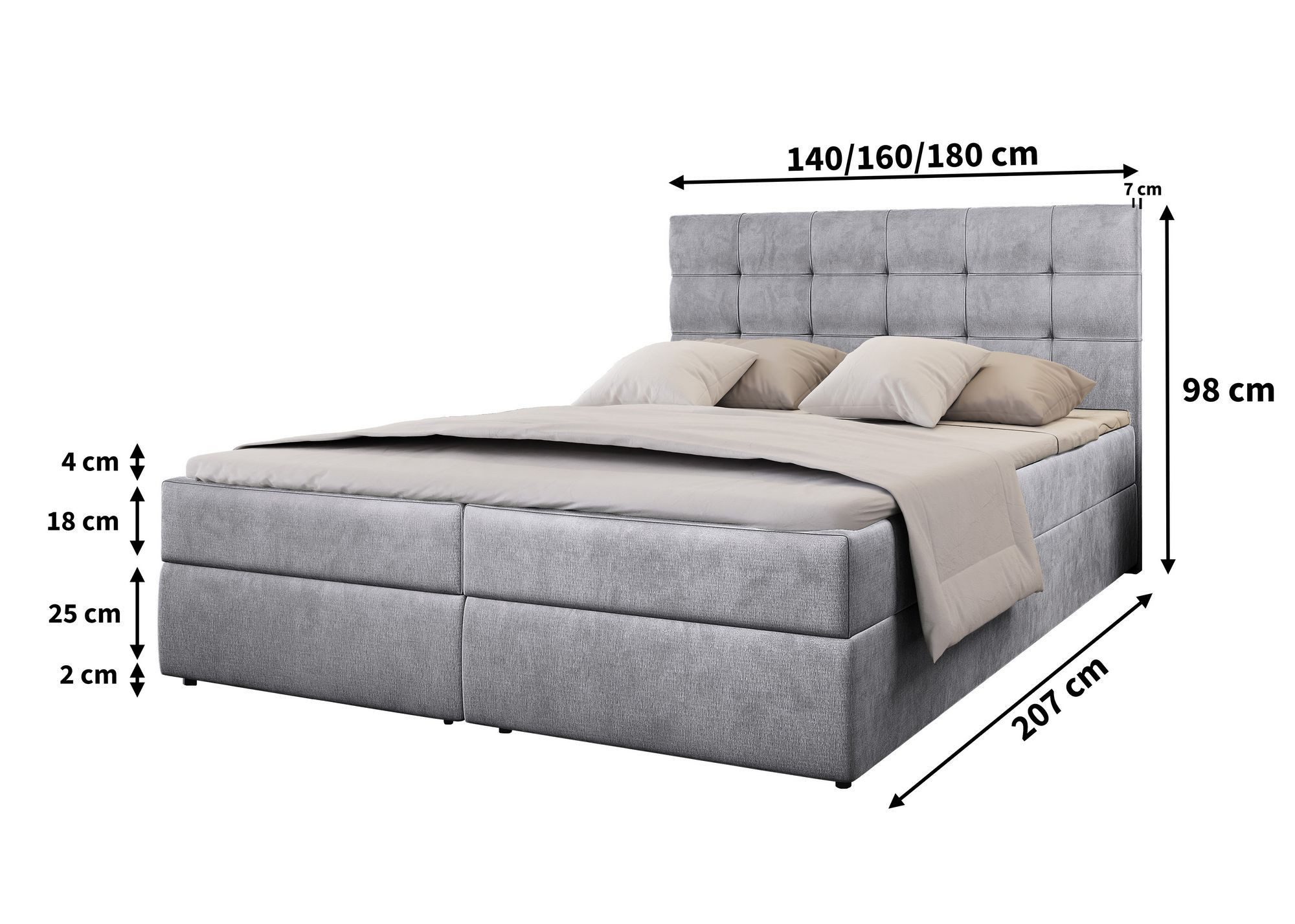 Masseno Boxbett GLOS 160x200 cm mit Bonell Matratze und Topper, Doppelbett, Polsterbett mit Kopfteil, Boxspringbett – Bild 4 von 5
