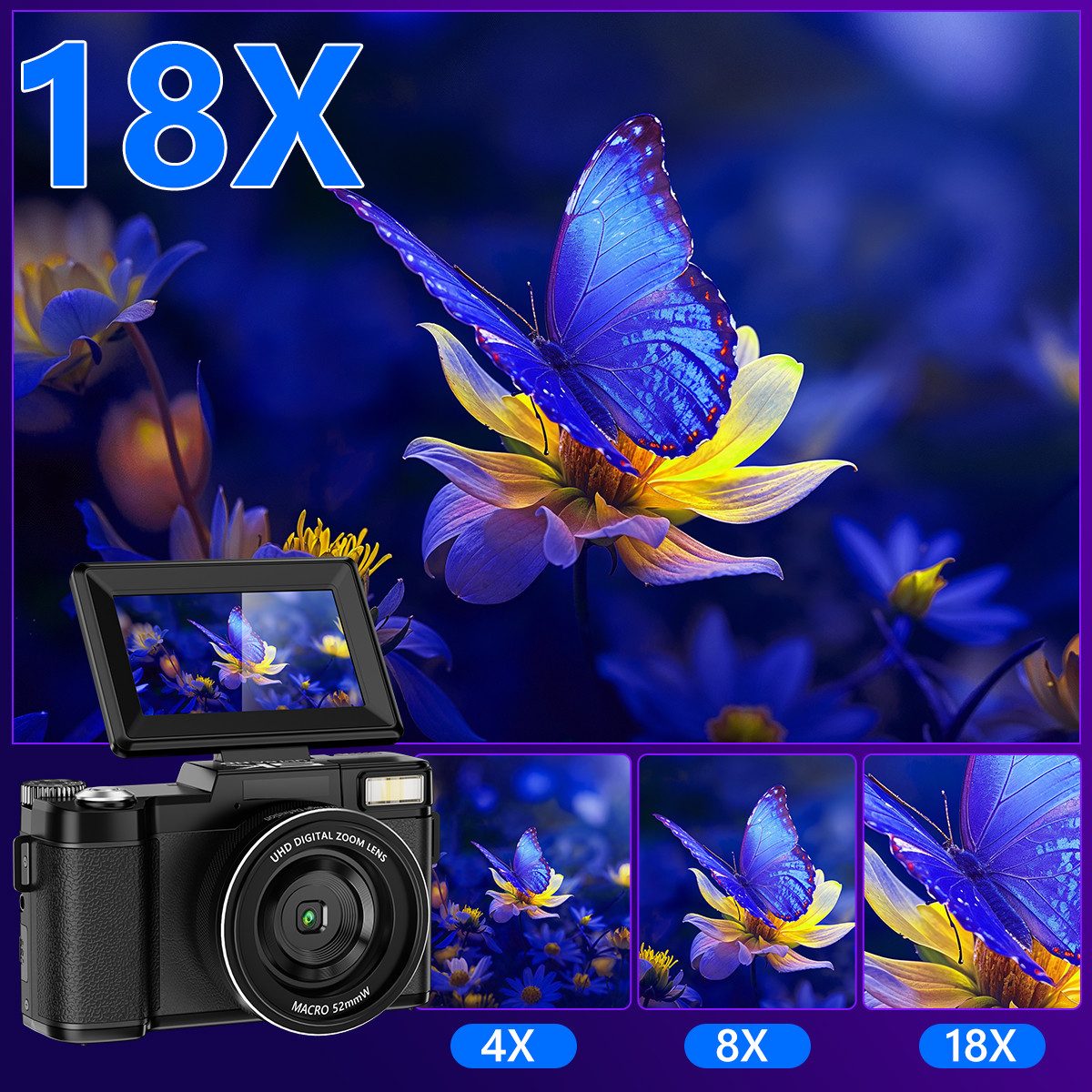 Pdgrid 5K&64MP WLAN Kamera Fotokamera 180° Klappbildschirm Vollformat-Digitalkamera (1080P, LCD-Bildschirm, 32GB Karte, 64 MP, 18x opt. Zoom, 800mAH Akku,Ideal  – Bild 5 von 5