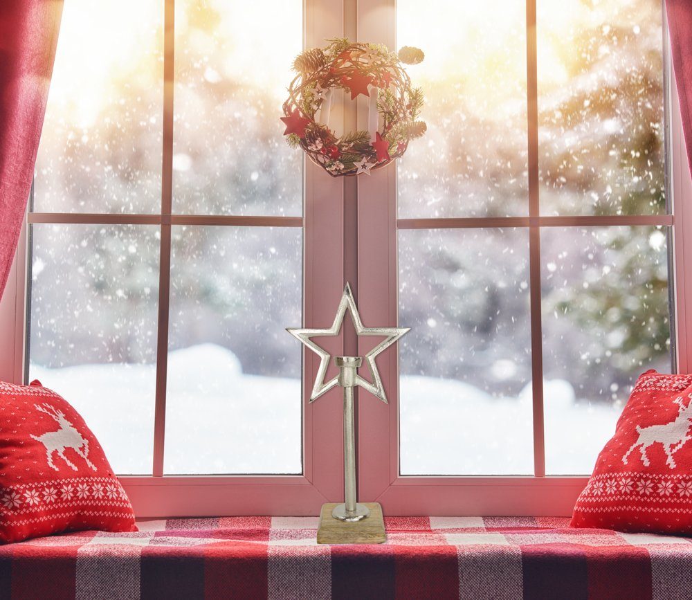 & - Holz Weihnachtsdekoration aus Teelichthalter Natur Stern Kerzenständer mit WEINBERGER 40-44 - St) RIFFELMACHER (1 Silber cm