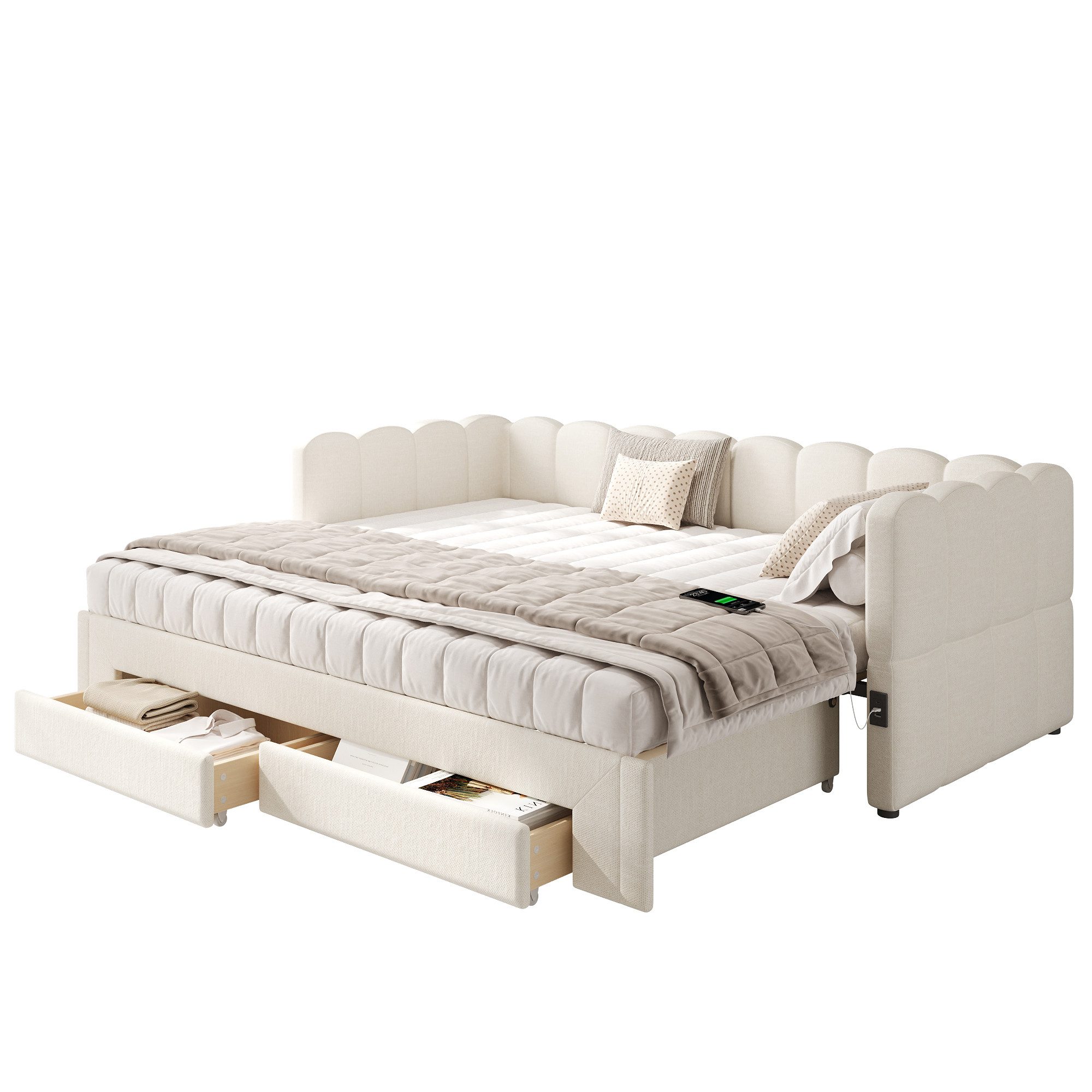 SOFTWEARY Schlafsofa mit Bettfunktion und Schubladen, 90x200cm/180x200cm, mit Lattenrost, USB und Type-C, Liegefläche erweiterbar, Polsterbett, Einzelbett, Leinen