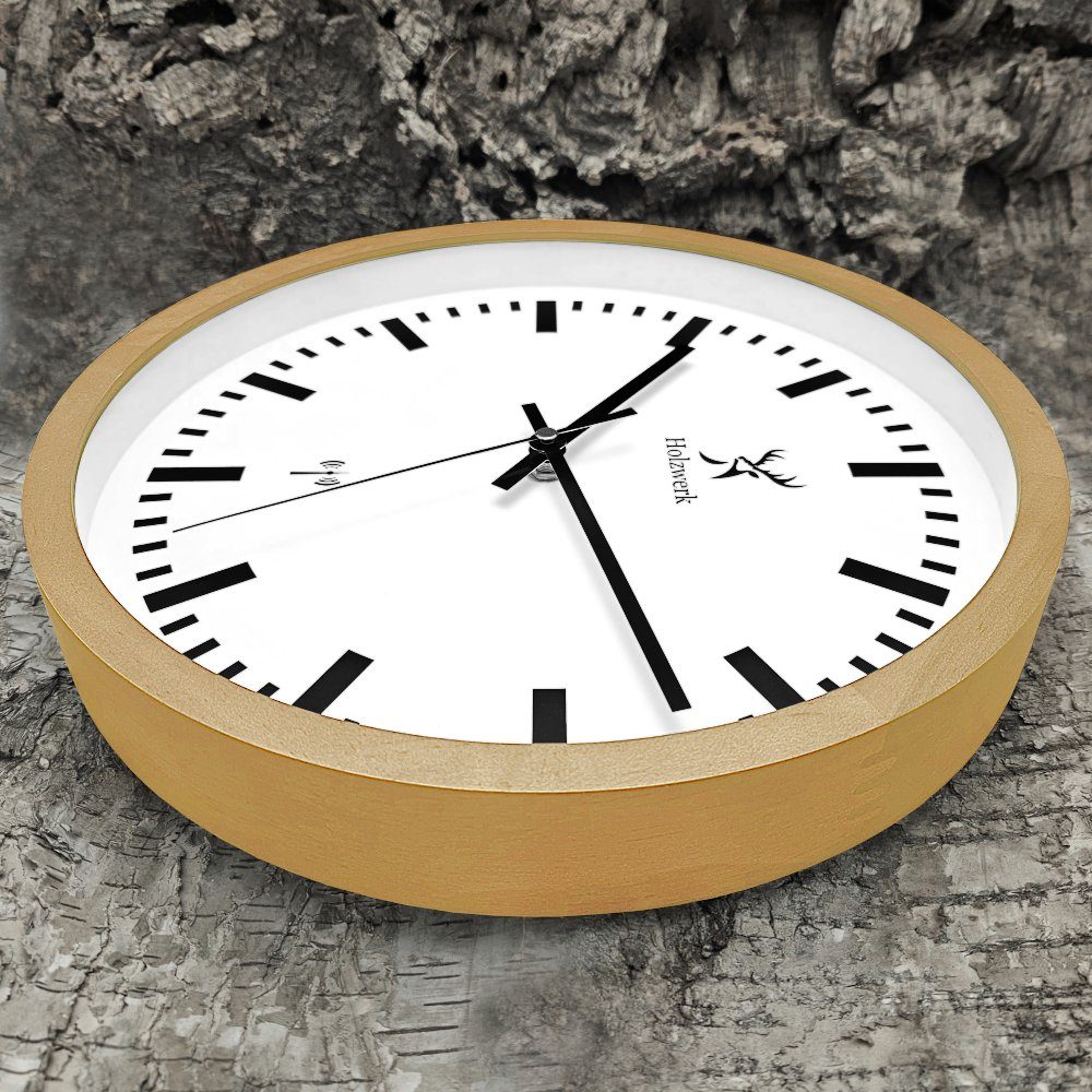 Holzwerk Funkwanduhr weiß Uhr, (lautlos cm) HOMBURG beige, Bahnhofs 30 Wand Tickgeräusche, Funk Holz ohne