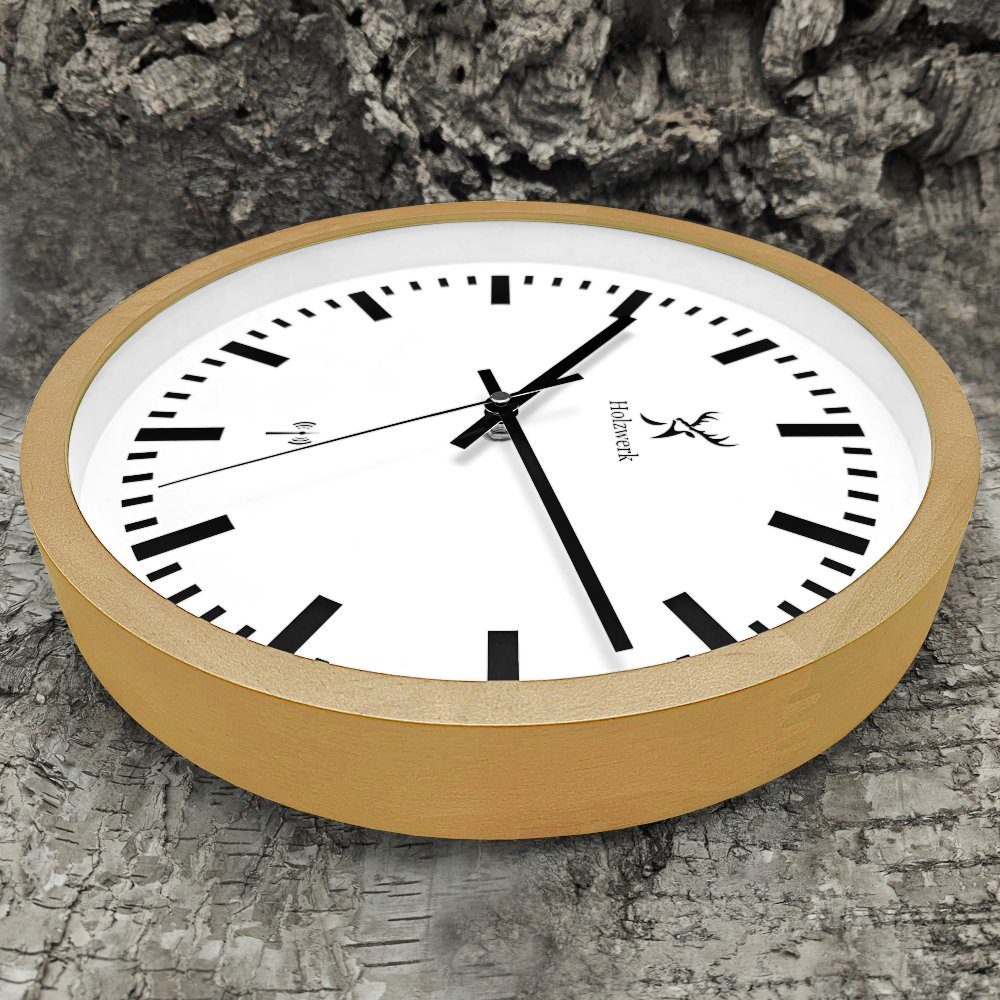 Holzwerk Funkwanduhr Bahnhofs Funk Holz Wand Uhr, braun, beige weiß (Nahezu lautloses Uhrwerk, analog, 30 cm)