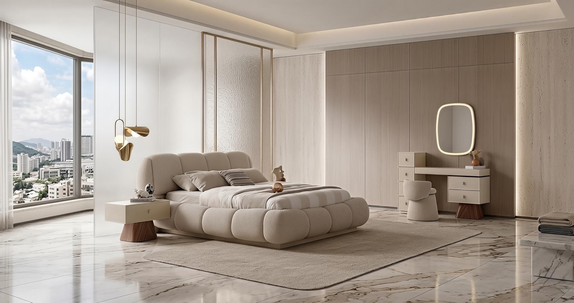 JVmoebel Schlafzimmer-Set Schlafzimmer Set Bett Nachttisch Schminktisch Modern Beige Luxus, Made in Europa
