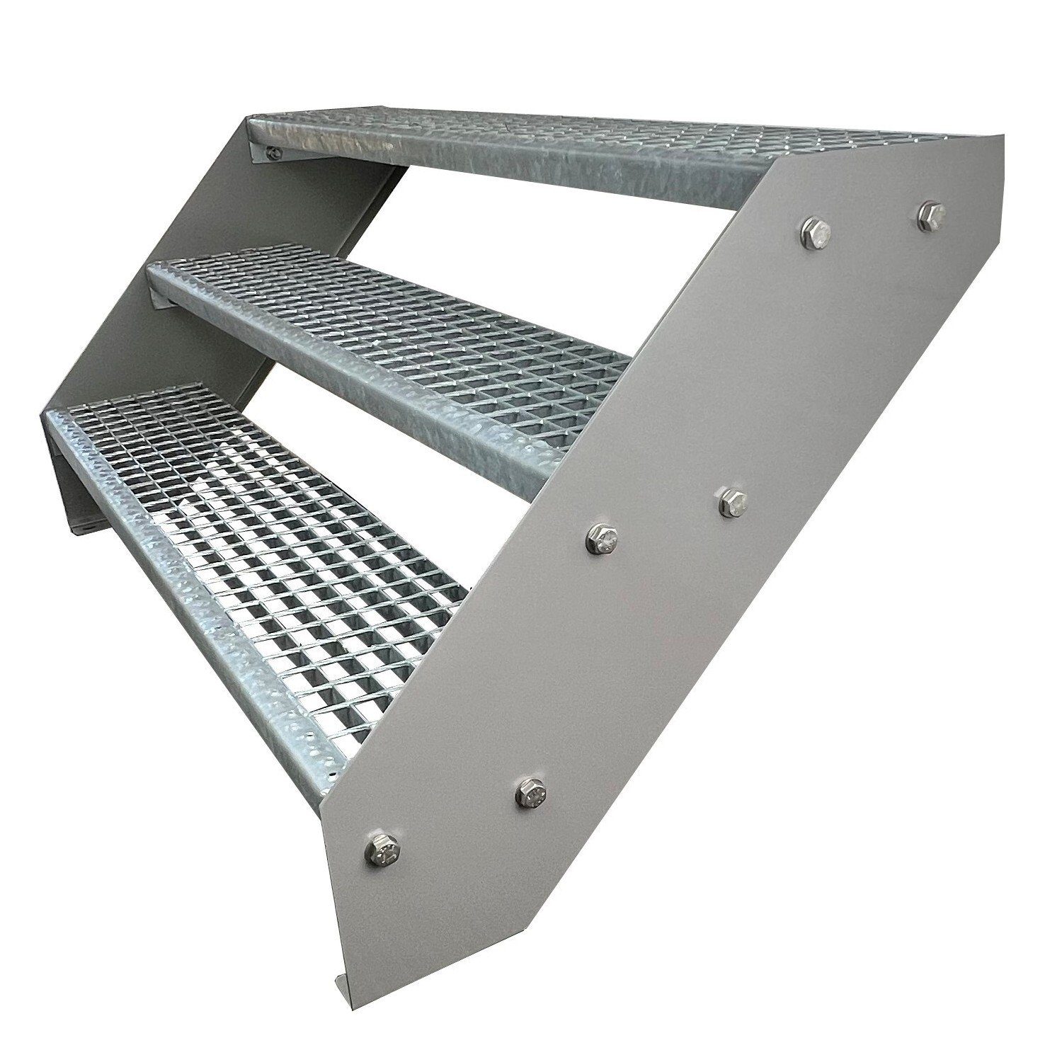 Kaminbau Mierzwa Außentreppe Premium Treppe Silber Höhe Verstellbar, für Geschosshöhen bis 57 cm, Stufen Gitterroststufen nach DIN 24531, (Höhe 57 cm, Breite wählbar aus 60, 80, 100, 120, 140 cm), Gartentreppe Stahltreppe Wetterfest Rostfrei Feuer-Verzinkt Rutschfest