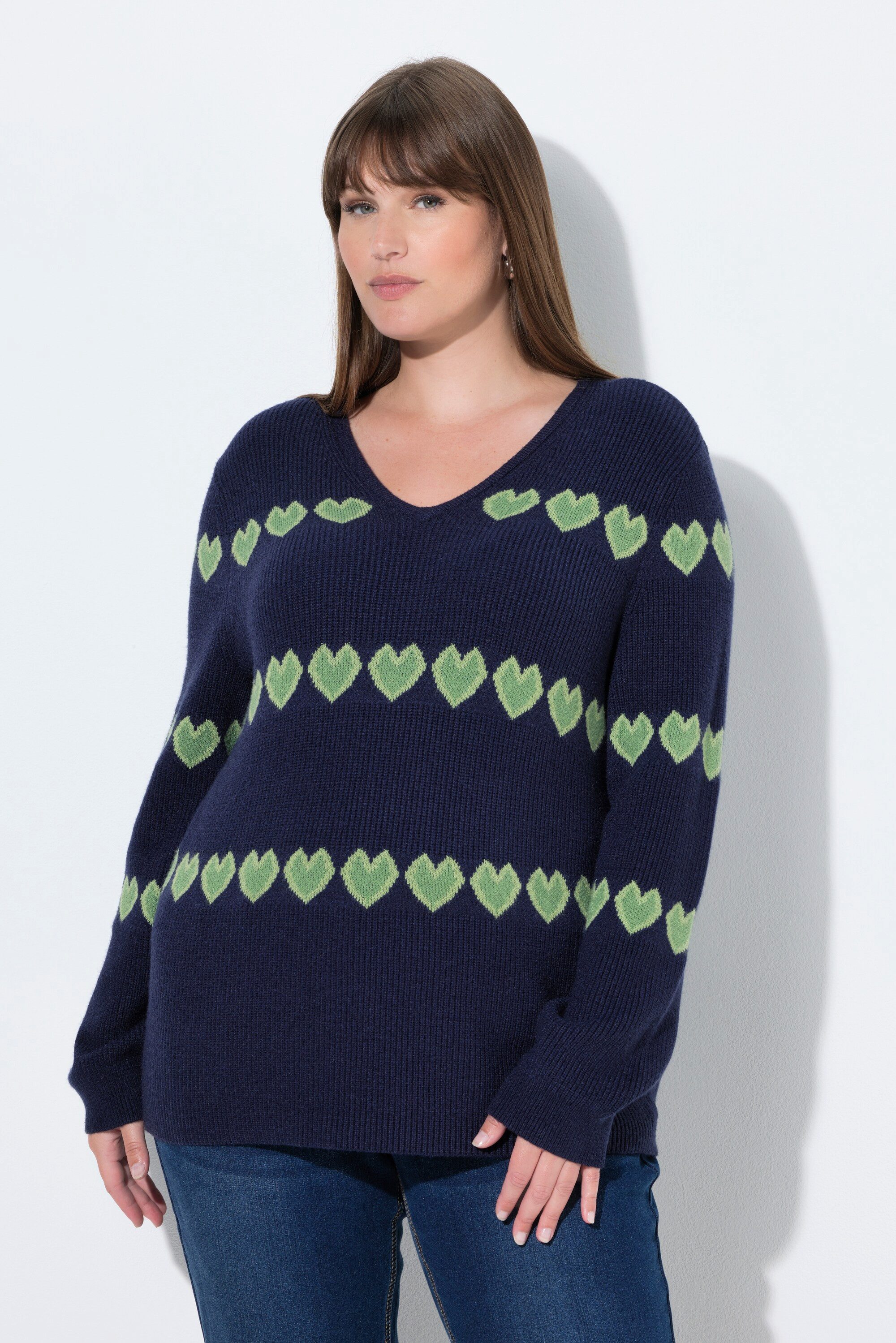 Strickpullover Pullover Herzen V-Ausschnitt Langarm