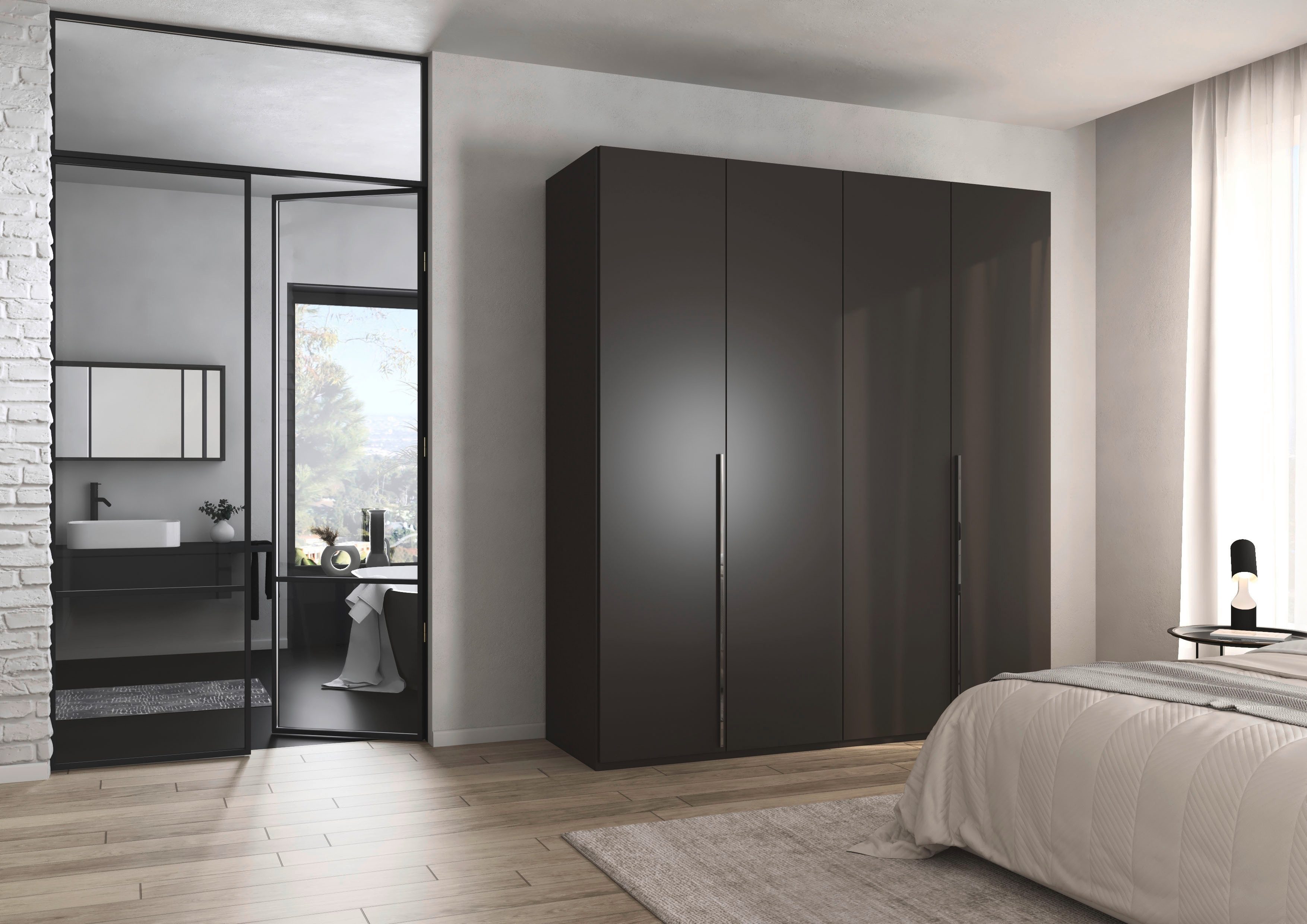rauch Drehtürenschrank Kleiderschrank Schrank Garderobe Wäscheschrank BESTSELLER MONTCLAR (3 Ausstattungen BASIC/CLASSIC/PREMIUM (SOFT-CLOSE), Breiten 201-400 cm) Front in Glas/Hochglanz/Dekor/Grauspiegel in 5 Breiten MADE IN GERMANY