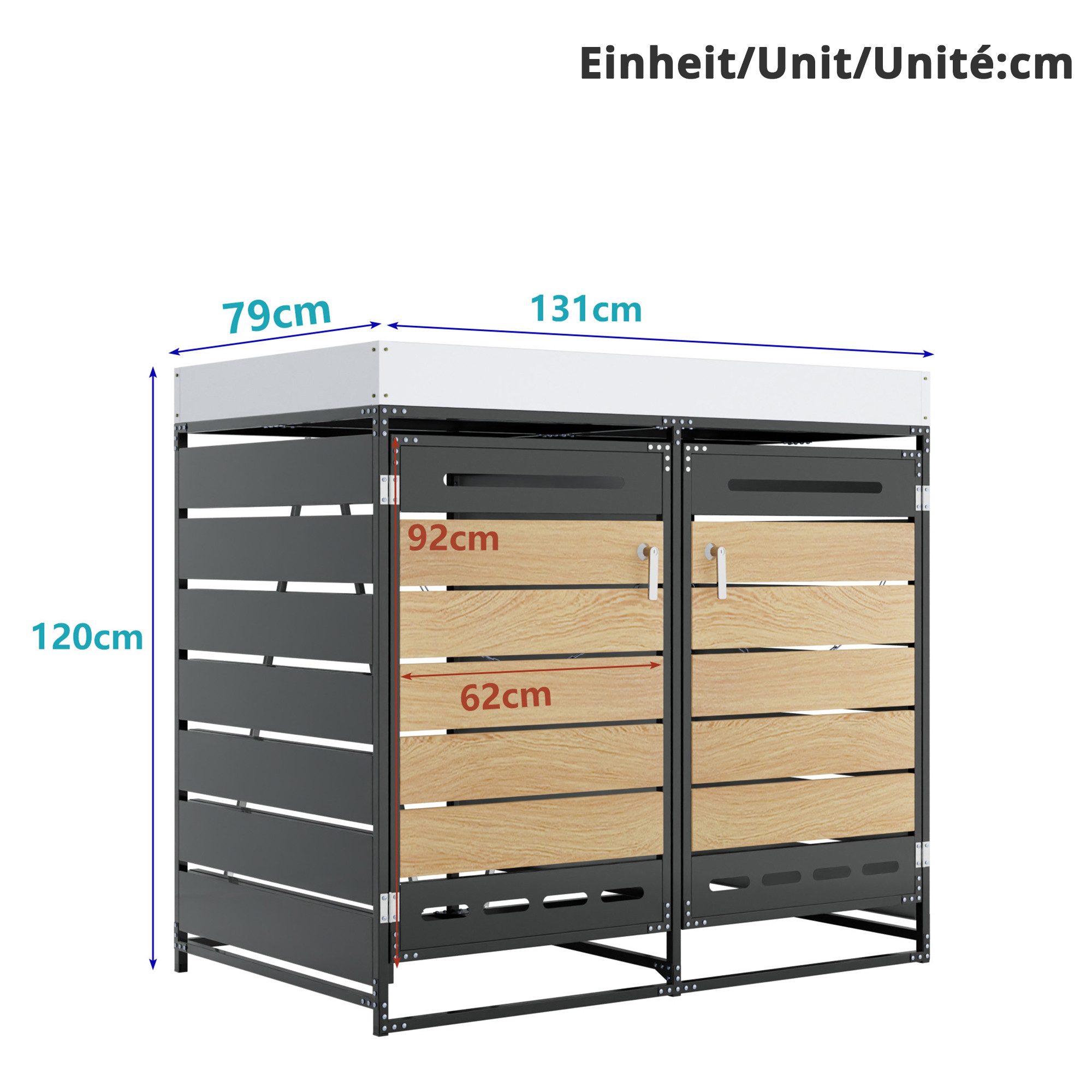 Merax Mülltonnenbox abschließbar mit Pflanzkasten und Lüftungsschlitzen (1 St), 2 Fächer Mülltonnenverkleidung mit Holzoptik Türen & Lüftungsöffnungen – Bild 5 von 5