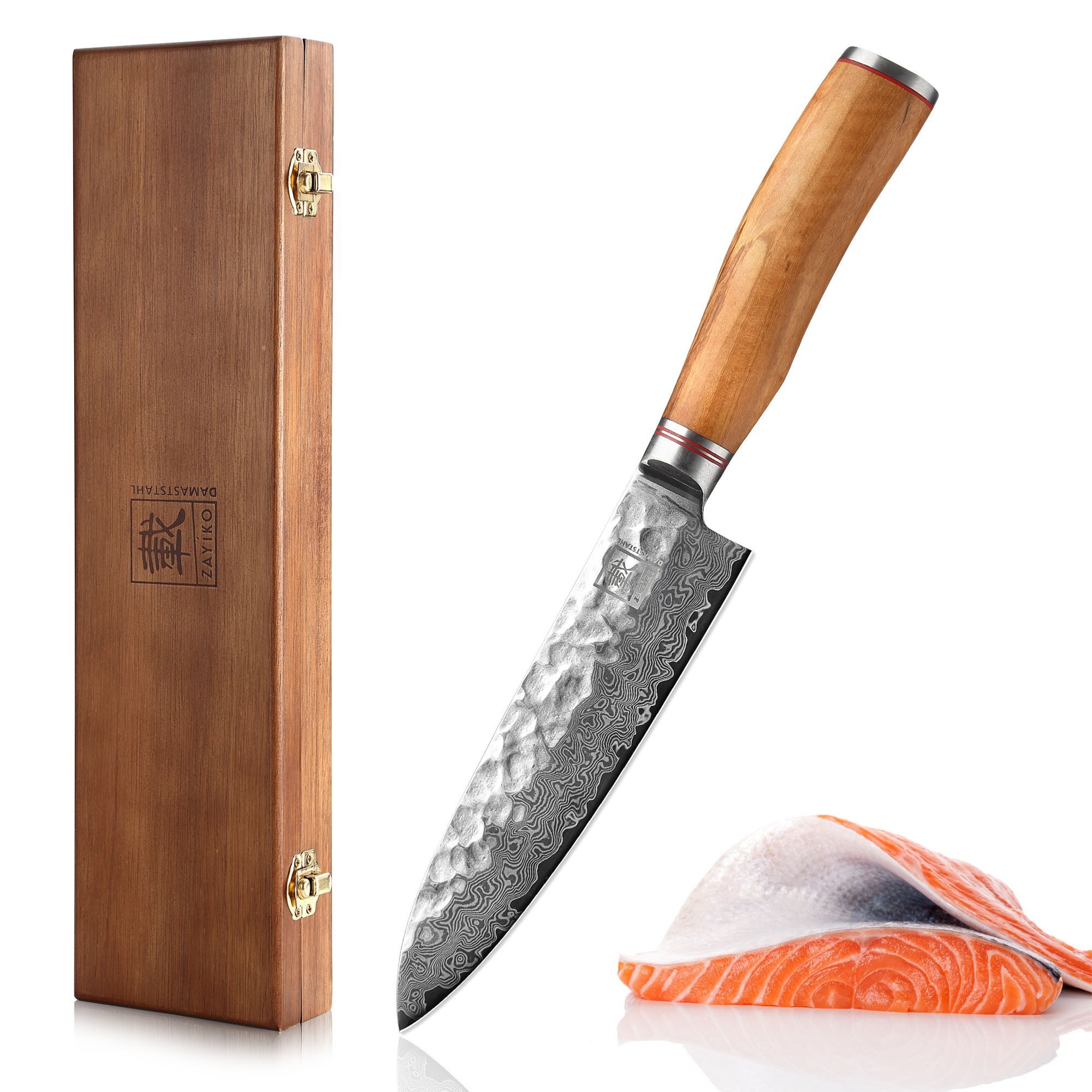 Santokumesser Minami Damastmesser Santoku 17 cm Klinge Olivenholzgriff Holzbox
