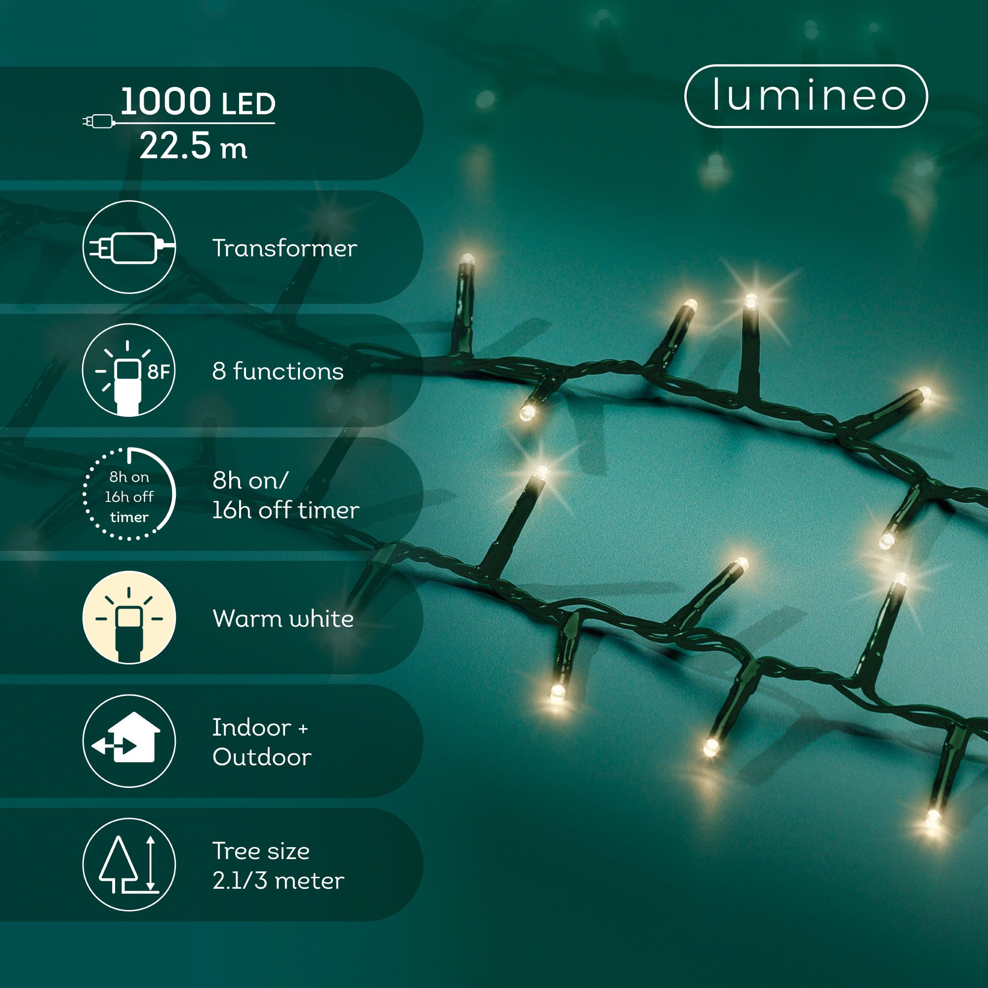 Lumineo LED-Lichterkette Lumineo Lichterkette COMPACT TWINKLE 1000 LED 22,5 m warm weiß, grün, Indoor/Outdoor, 8 Funktionen, 8h-Timer, + 5 Meter