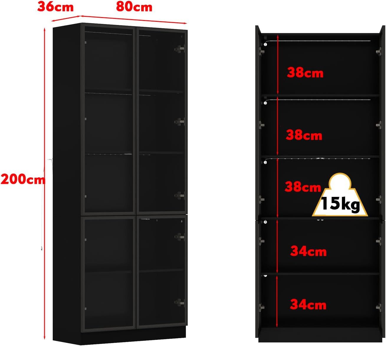 FUFU&GAGA Glasvitrine Sammelvitrine 165-200cm hoch, Vitrinenschrank mit LED Beleuchtung – Bild 3 von 5