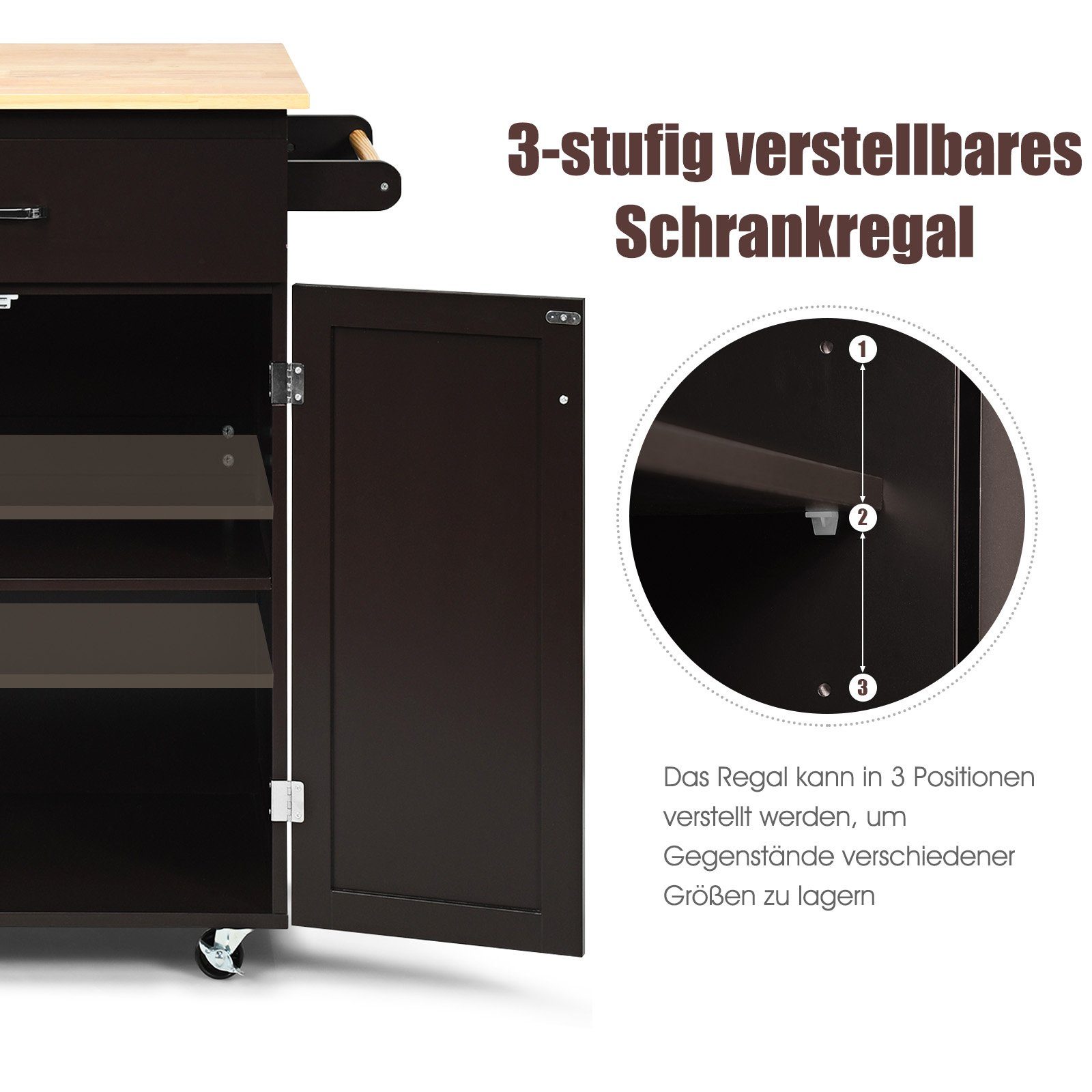 COSTWAY Küchenwagen, mit Schublade & Holz, Braun 48x82x91cm Schrank