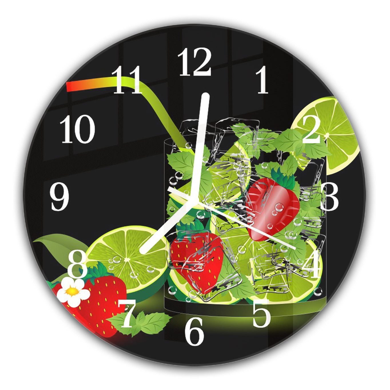 Rund Limettenschnitze Durchmesser aus mit - cm Primedeco Wanduhr und Wanduhr mit Erdbeeren Quarzuhrwerk und 30 Glas Motiv