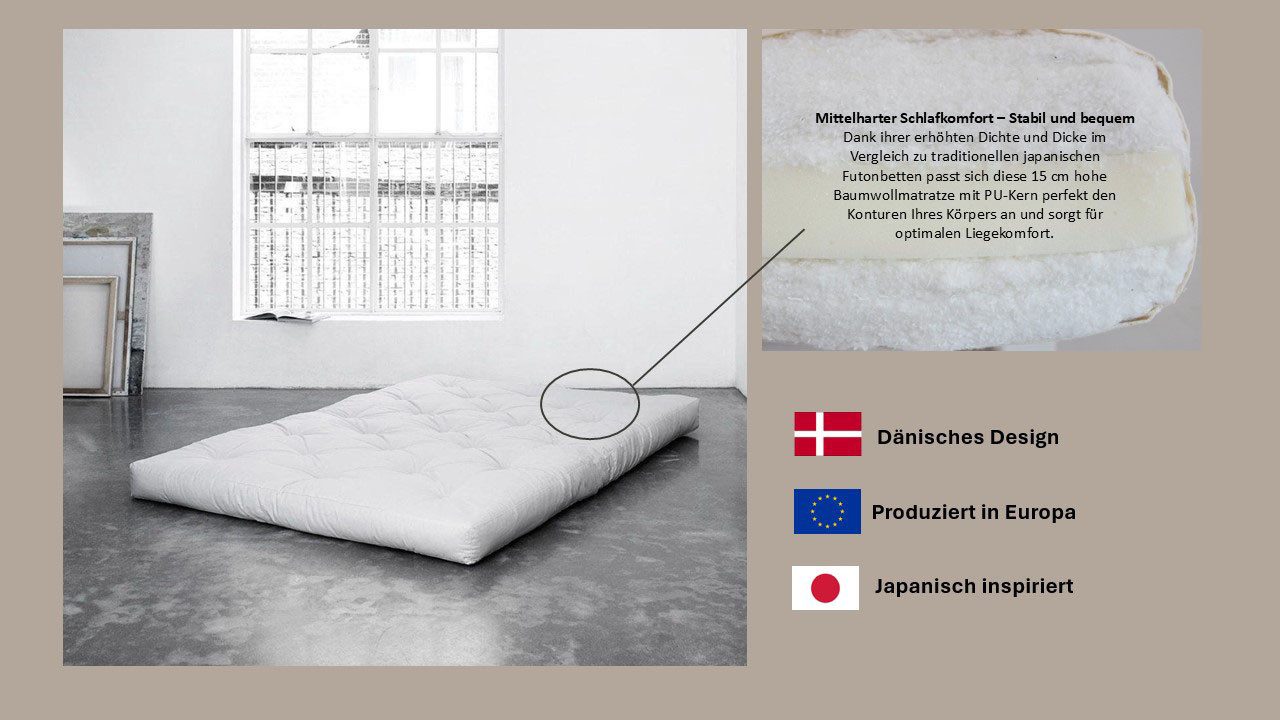 Futonmatratze Comfort Futon, 15 cm hoch, mehrere Größen, handgefertigt, Karup Design, 15 cm hoch, Aus Baumwolle und einem Kern aus PU-Schaum. Made in Europe