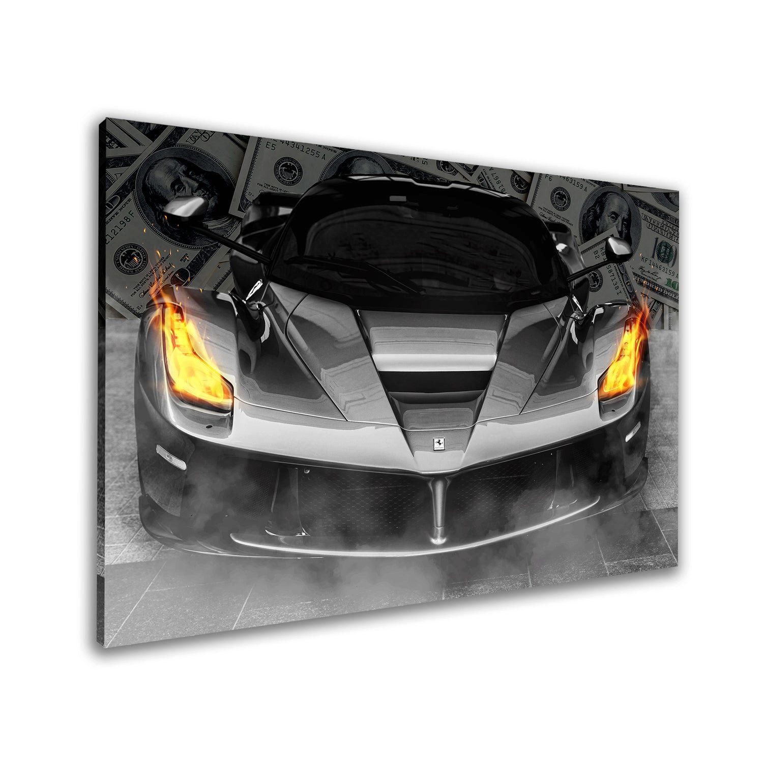 Artedinoi Leinwandbild Sportwagen Silber Geldscheine Dollar-Noten Auto Geld Wandbild Leinwand, Silberner Sportwagen mit Dollar