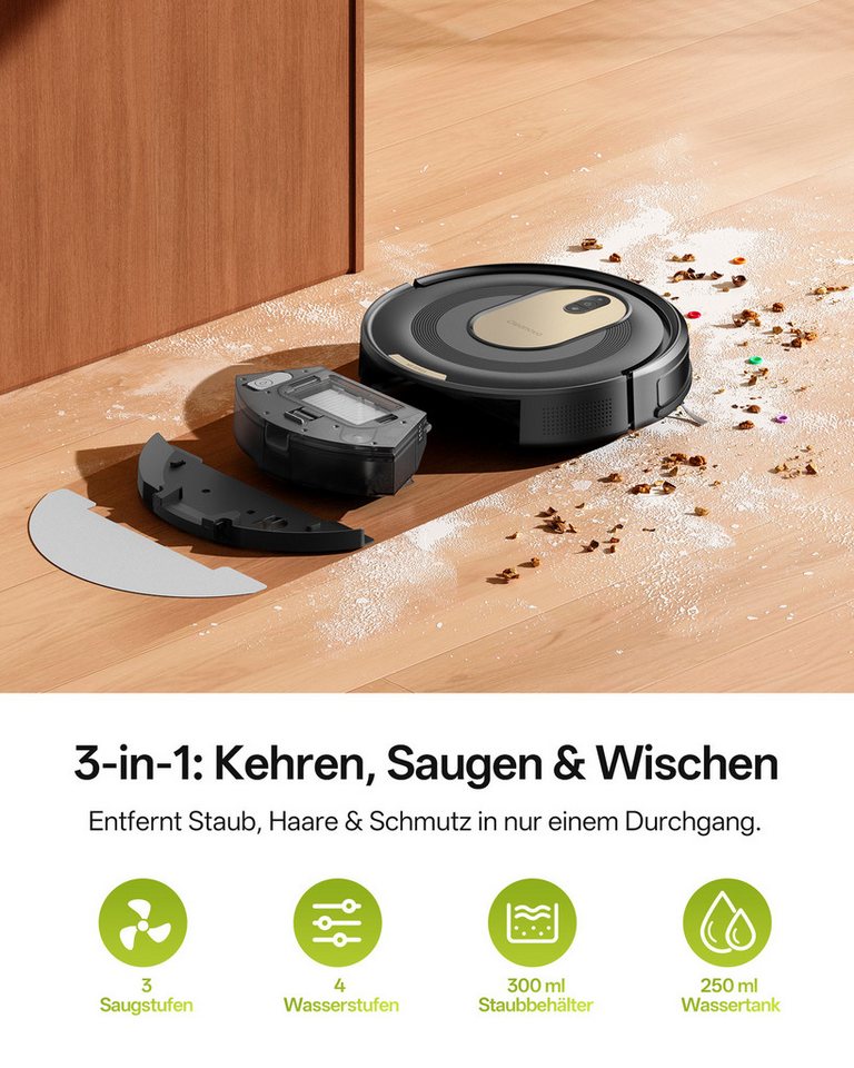 Vactidy Nass-Trocken-Saugroboter Vactidy W8 Saugroboter mit wischfunktion,3-in-1,Smarte Gyro-Navigation, beutellos, 5000Pa,150 min,Schlankes Design,Automatische Teppicherkennung