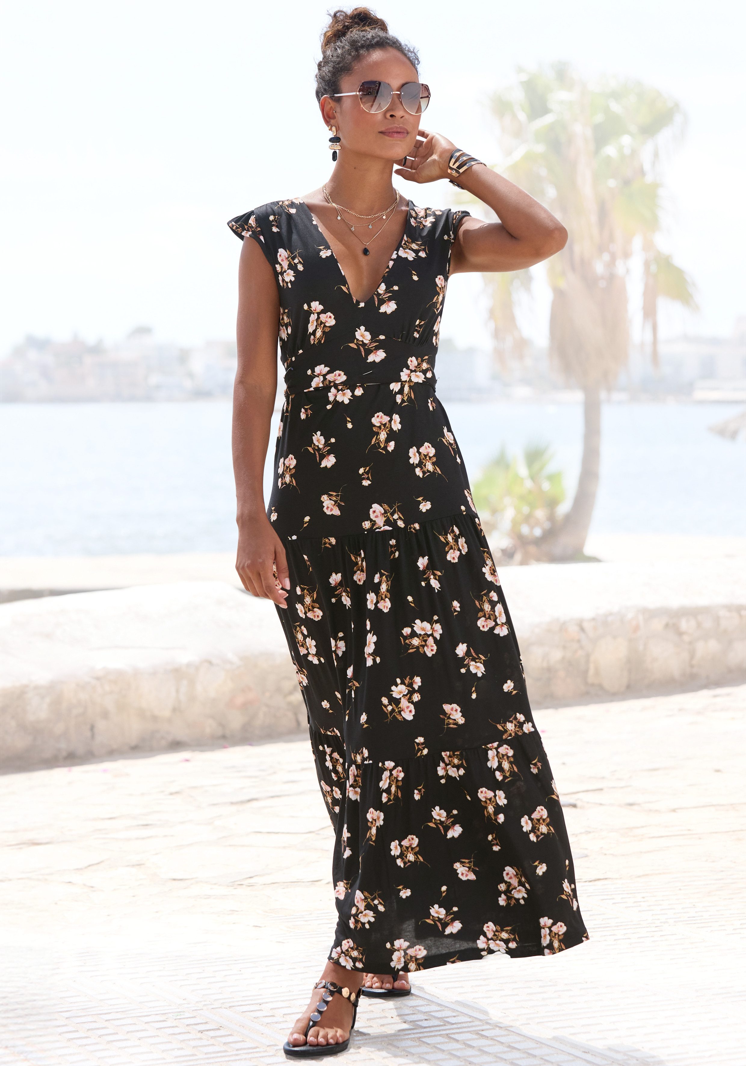 Vivance by Lascana Maxikleid mit V-Ausschnitt und Blumendruck langes Jerseykleid, Viskosekleid, Sommerkleid