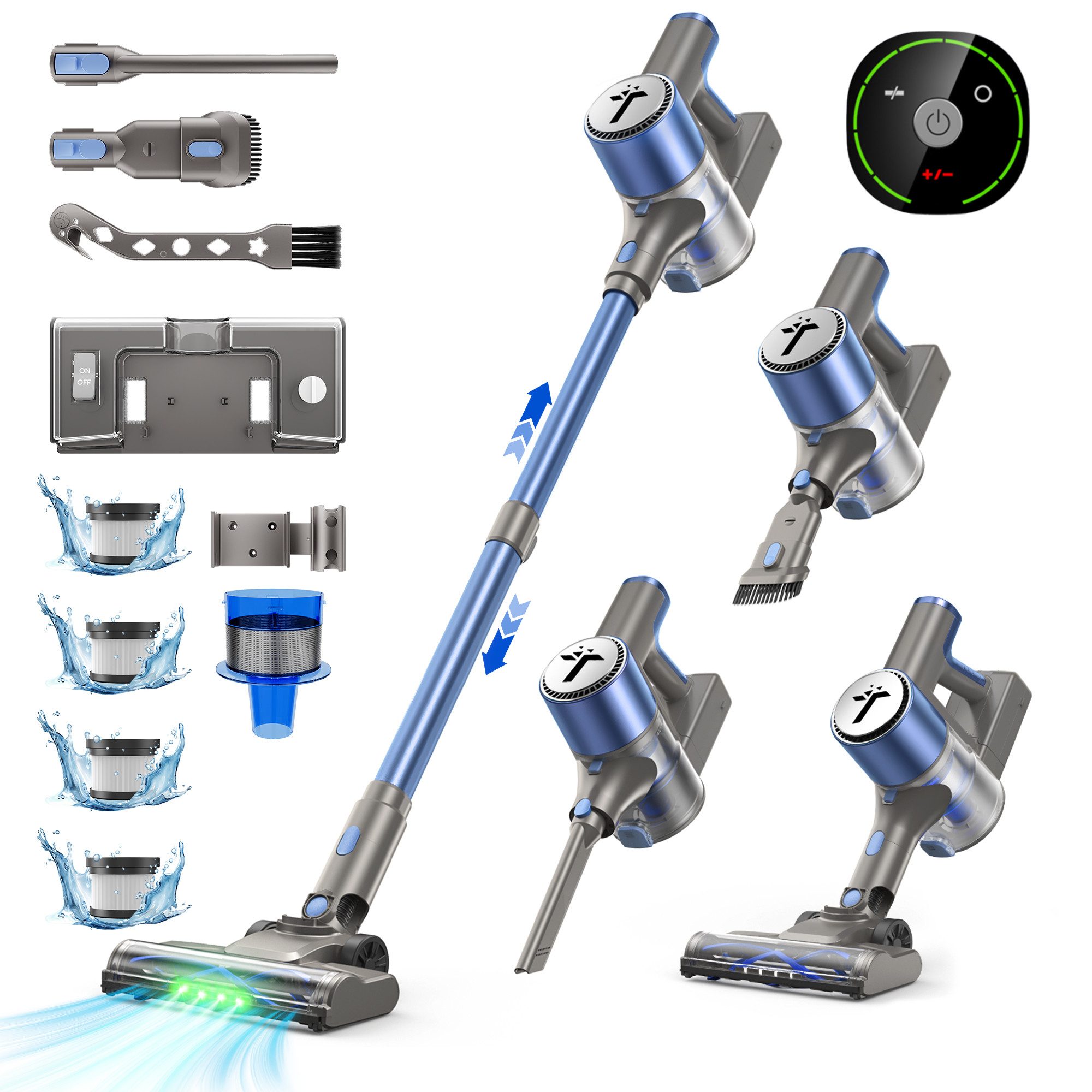 Teendow Akku-Hand-und Stielstaubsauger V10 PRO 2-in-1 Akku Staubsauger, 50KPa Akkustaubsauger, 300 W, mit Beutel, 60 Min Laufzeit, HEPA & LED, 4 HEPA-Filterpatronen