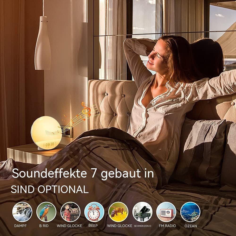 Discaver 14 Töne, Wake-up light Farben, 7 Schlafhilfe-Doppelwecker simulation, sunrise/sunset Wecker radio FM simulierter with