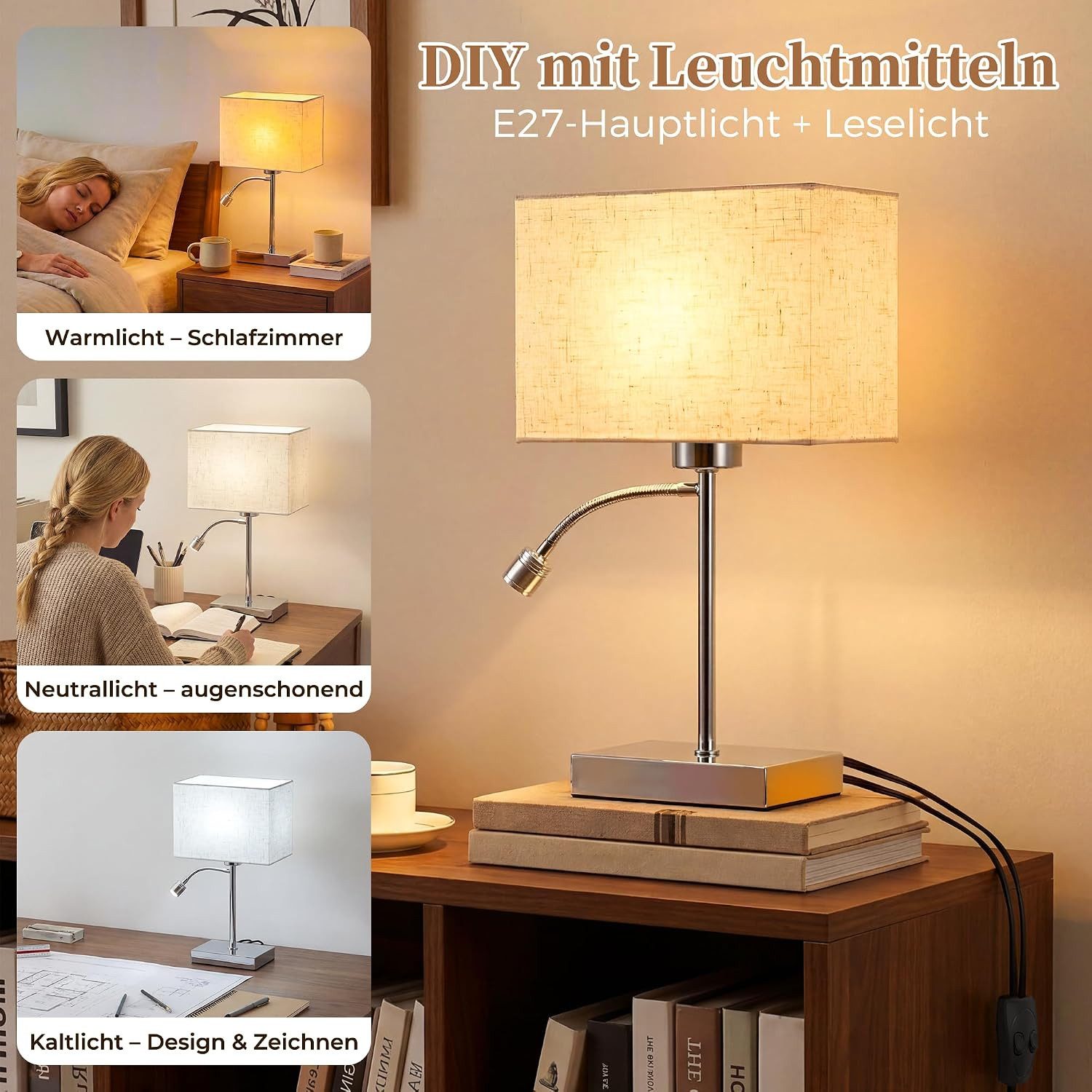 ZMH LED Tischleuchte Nachttischlampe E27 + LED-Leselampe, flexibler Lesearm, 38 cm, Zwei separate Schalter, ohne Leuchtmittel, Warmweiß, Stoffschirm Weiß, Chrom – Bild 5 von 5