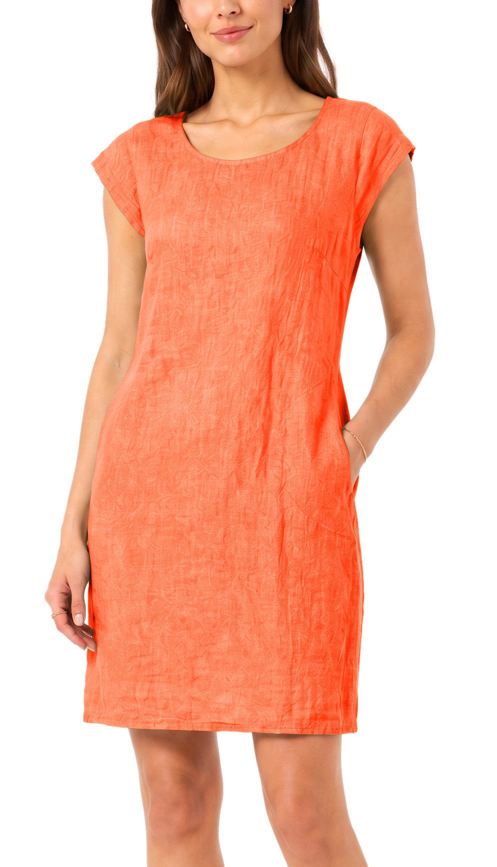 dy_mode Midikleid Einfarbiges Damen Leinenkleid Sommerkleid Kurzarm Midi Kleid in Unifarbe, mit Eingriffstaschen, leicht taillierte Passform