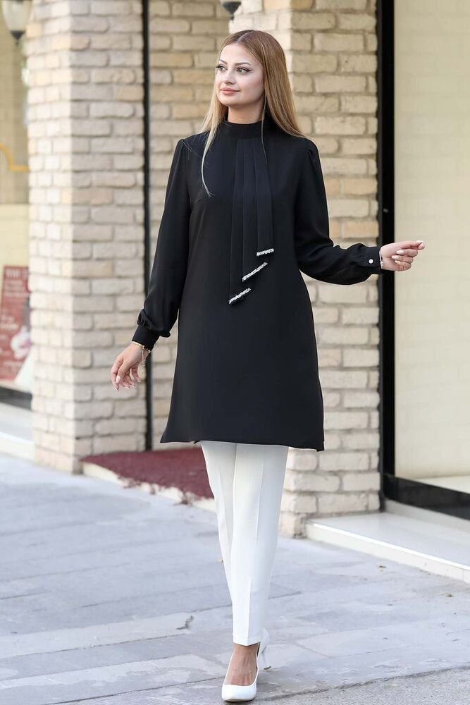 Longtunika Longtunika Damen Bluse langärmelig mit Kragen - Modest Fashion