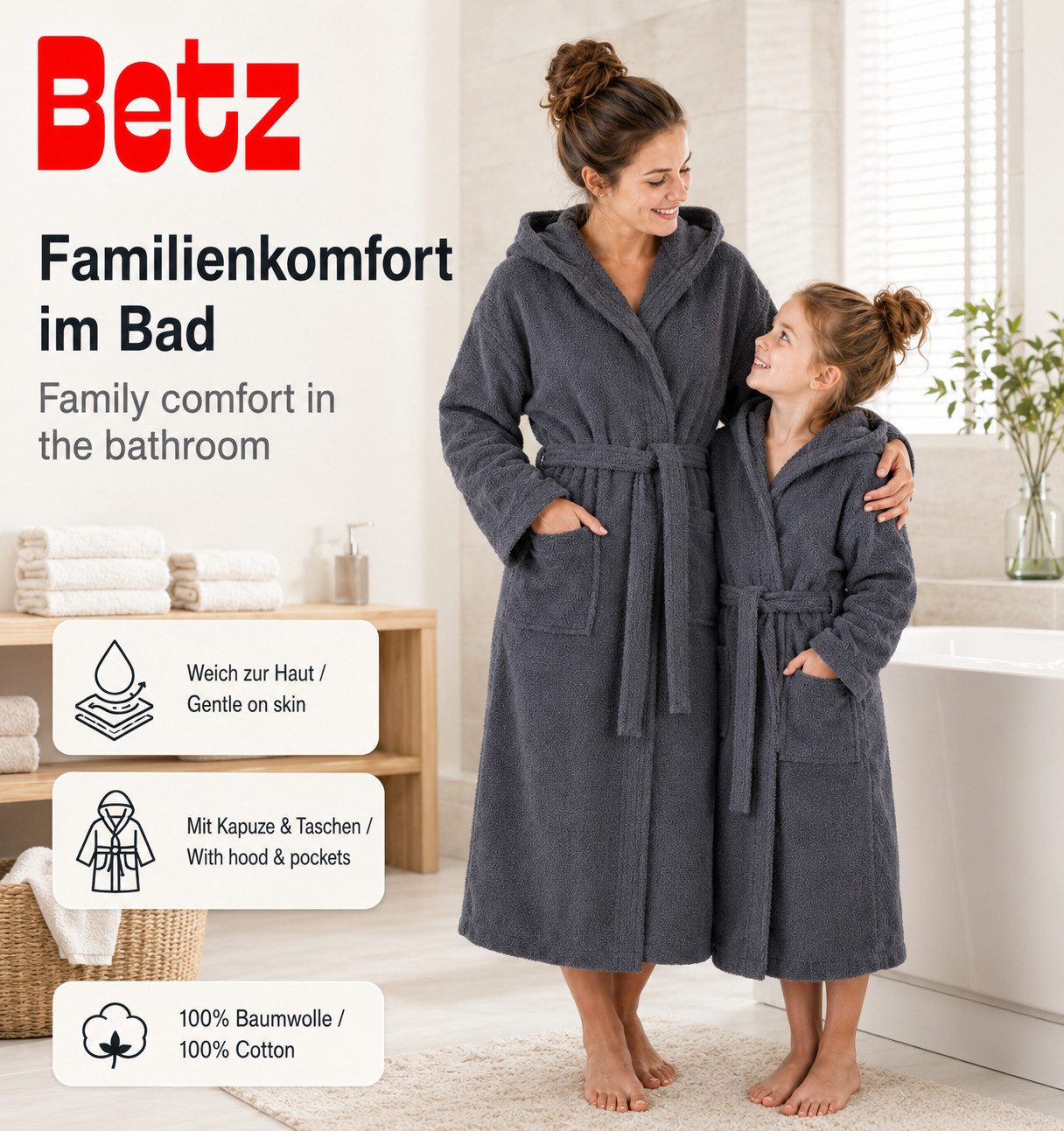 Betz Bademantel Saunamantel mit Kapuze BERLIN für Herren und Damen, Wadenlang, 100% Baumwolle, Kapuze, gürtel