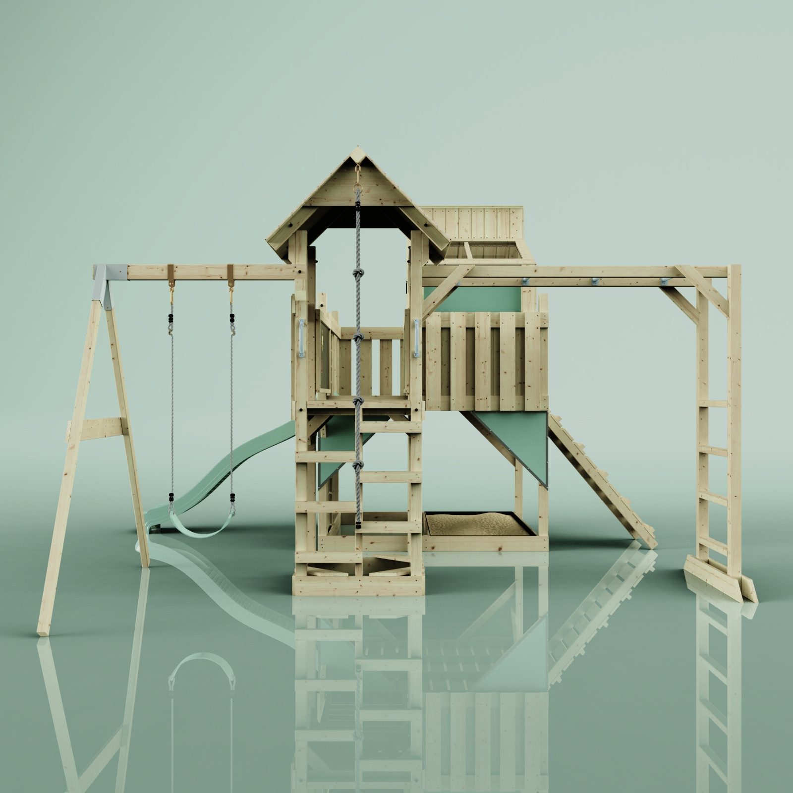 OutdoorToys Spielturm Liv, aus Holz in Mintgrün mit Kinderschaukel & Rutsche