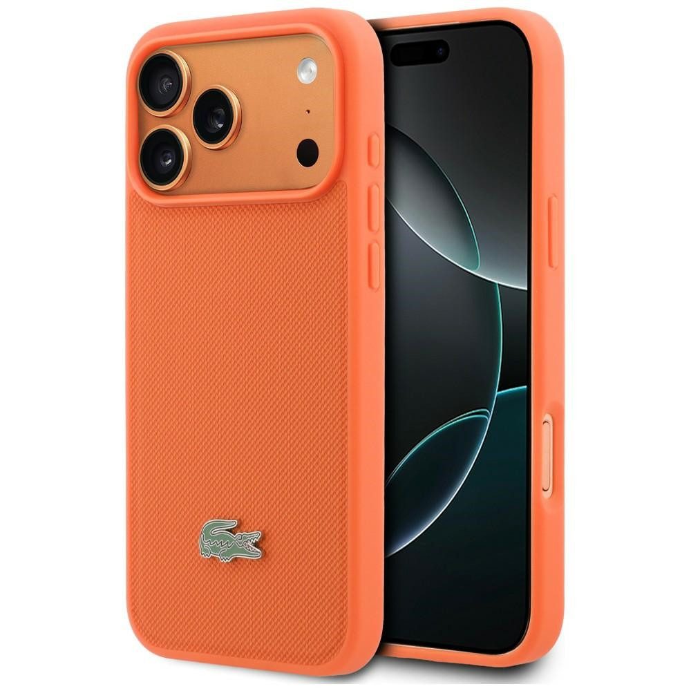 Lacoste Handyhülle iPhone 17 Pro Max Iconic Petit Pique orange Logo Metall Magsafe 6,9 Zoll, Kantenschutz