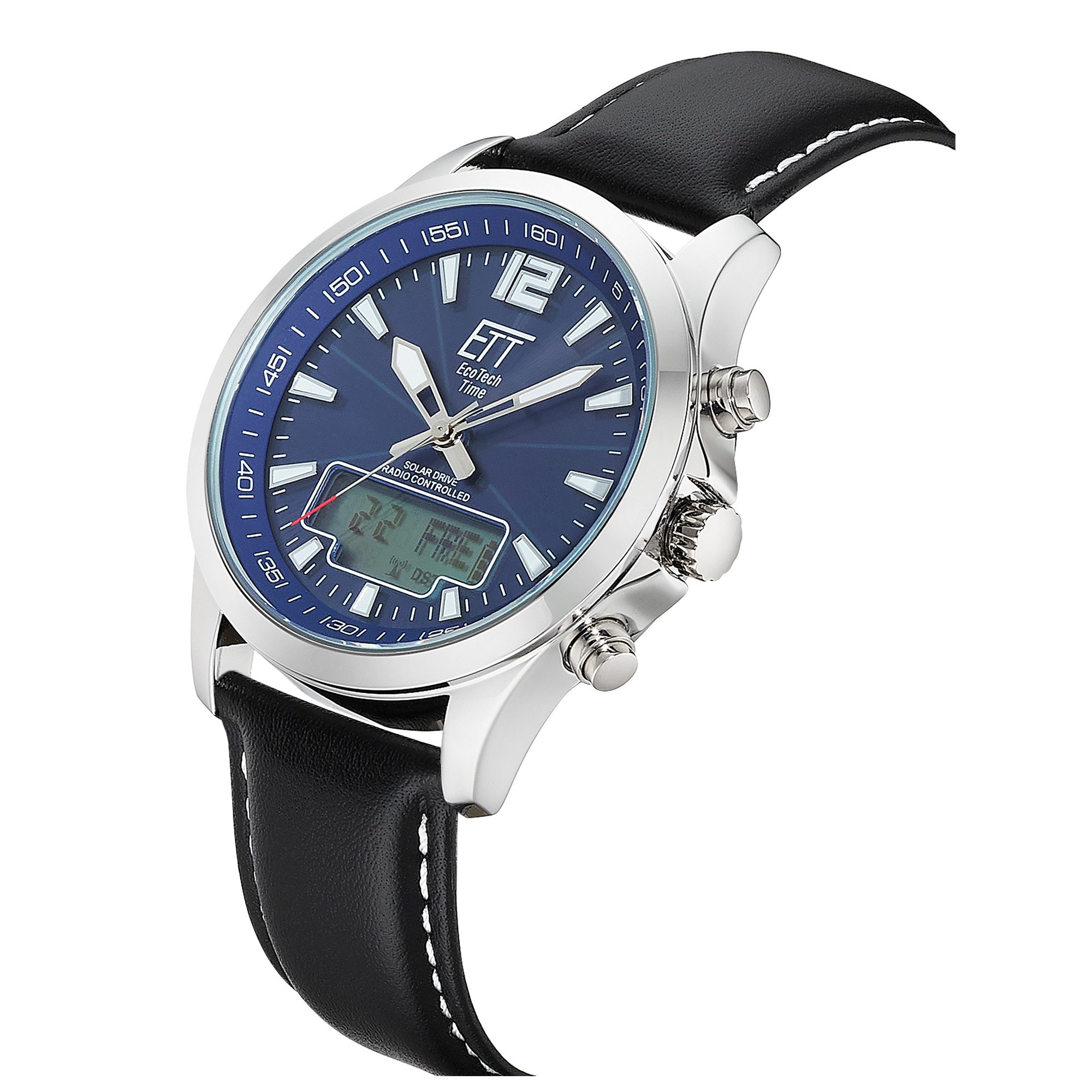 ETT Funkchronograph Professional World Timer EGA-11714-31L, Armbanduhr, Solar, Herrenuhr, Lederarmband, analog, digital, Tag