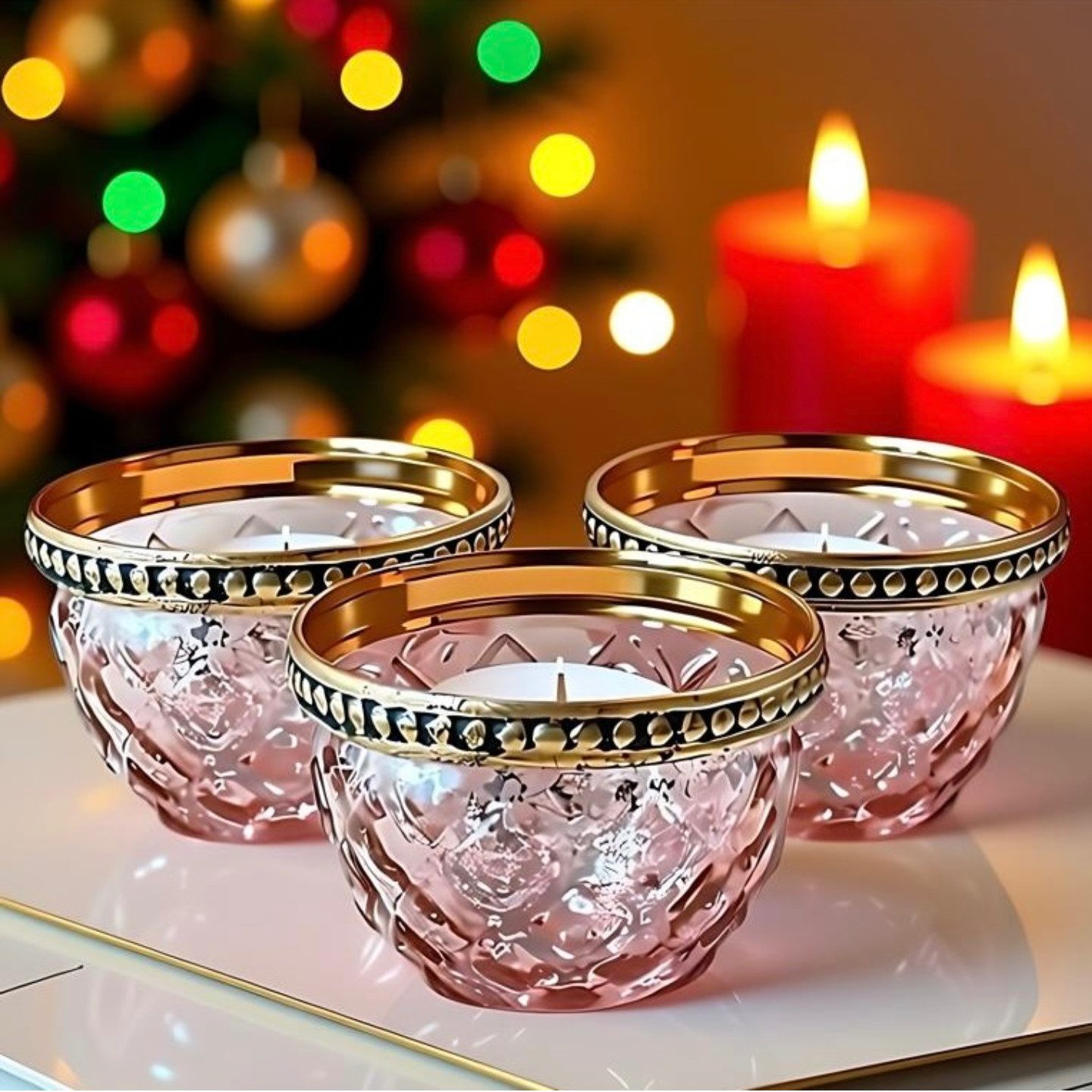 Super Solu Teelichthalter Kerzenhalter Windlicht Orientalisch Vintage /Glas für Deko & Kerzen (Set, 3 St., 3er), Rosa, aus Metall und Glas, 7,5 × 7,5 × 5,5 cm