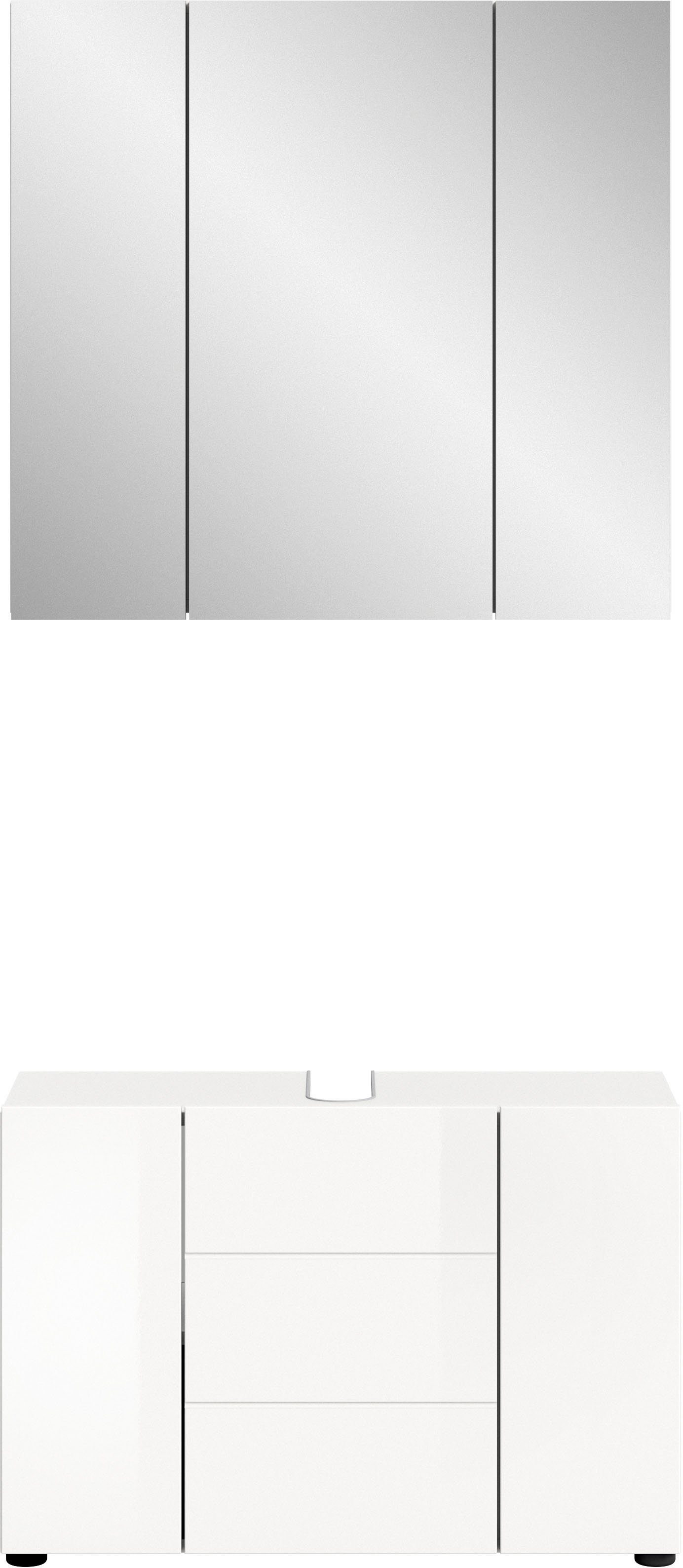 welltime Badmöbel-Set BIEL, 2 teilig, hochwertige MDF Front, Rillenoptik, (2-St., 2 teiliges Set, bestehend aus: Waschbeckenunterschrank, Spiegelschrank), Badmöbel, Kombination, Kombi, Badezimmer, Badkombination, Badschrank