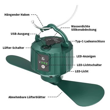 yozhiqu Deckenventilator Camping-Fan mit LED-Licht, wiederaufladbarer Outdoor mit Haken, Fernbedienung, abnehmbare Flügel, 3 Geschwindigkeiten und Helligkeit