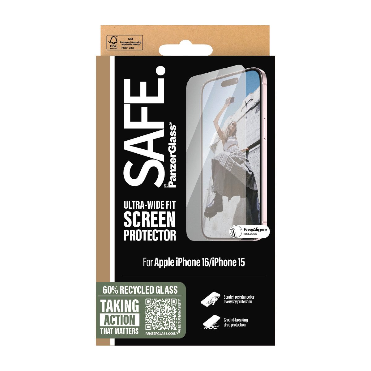 SAFE by PanzerGlass Displayschutzglas Ultra-Wide Fit Screen Protection für Apple iPhone 15, Apple iPhone 16, Displayschutzfolie, Schutzfolie, Bildschirmschutz, kratz- & stoßfest