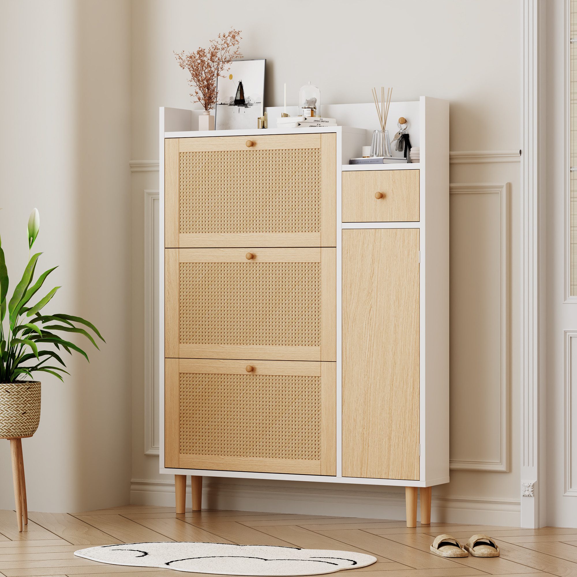 KLAM HOME Schuhschrank Holzwerkstoff Schuhschrank aus Rattan,mit 3 Kipp-Türen und 1 Schublade Massivholzbeinen und Griffen – Maße: …