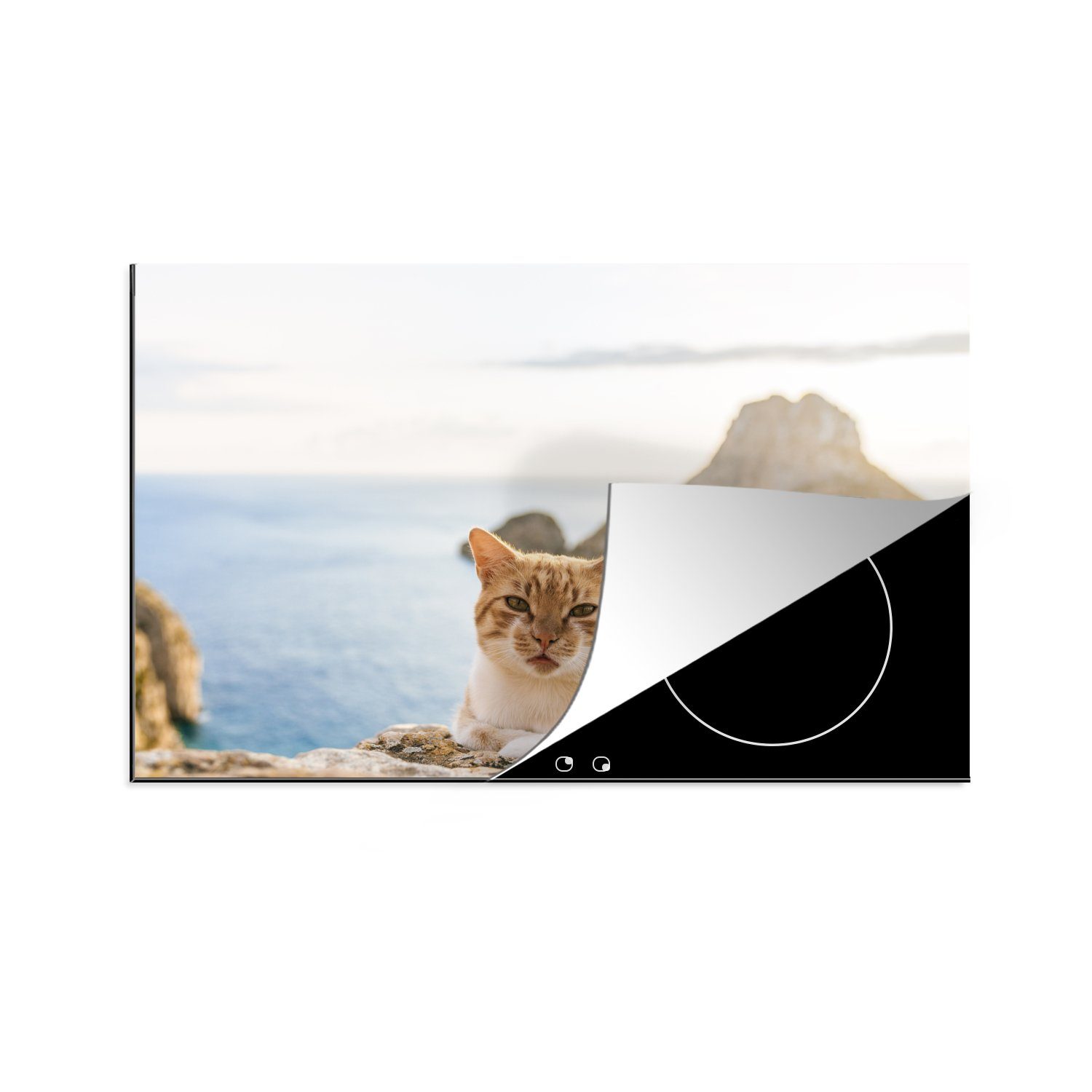 MuchoWow Herdblende-/Abdeckplatte Katze auf Ibiza, Vinyl, (1 tlg), 81x52 cm, Induktionskochfeld Schutz für die küche, Ceranfeldabdeckung