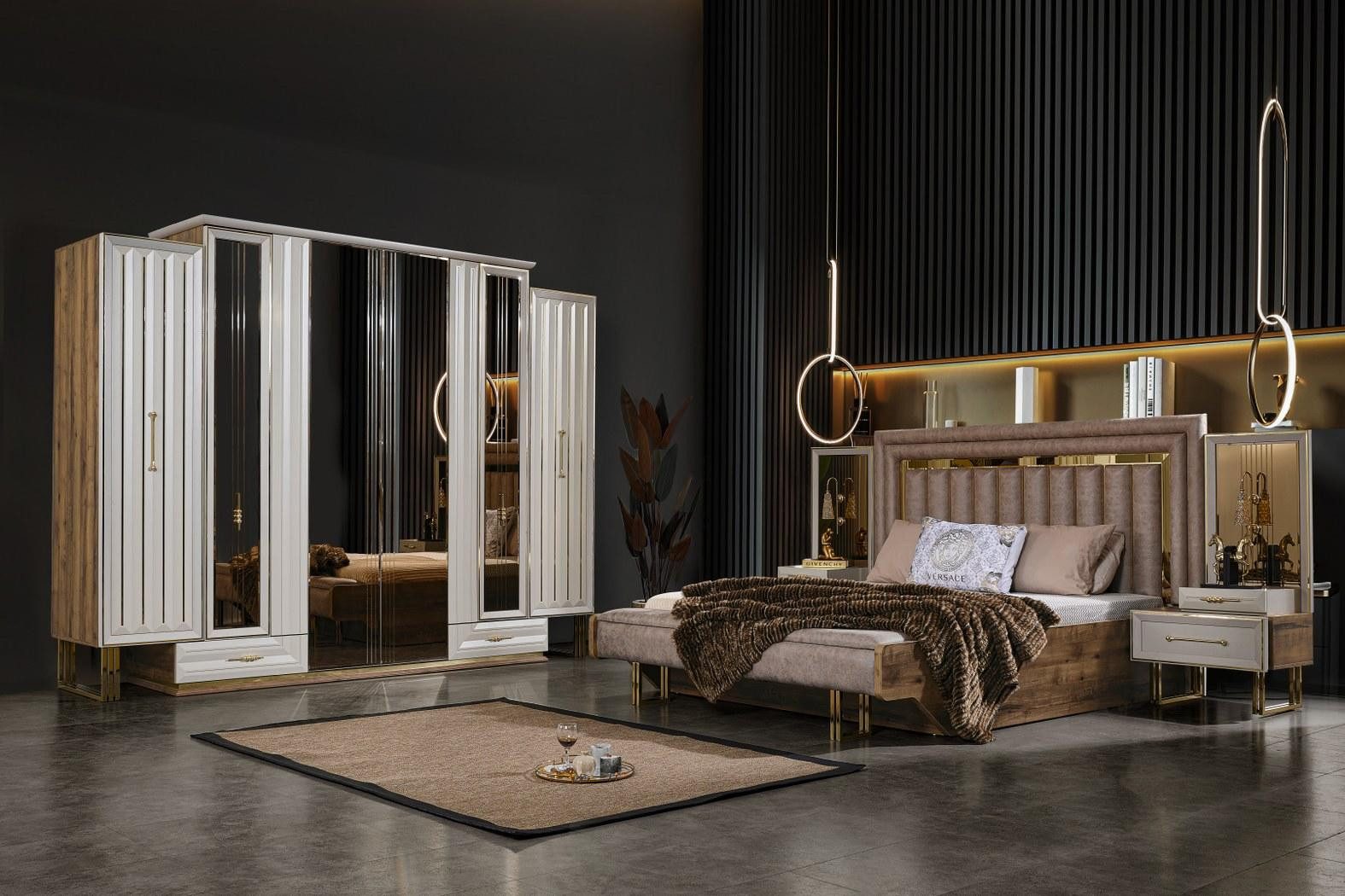 Schlafzimmer-Set Beige Schlafzimmermöbel mit Doppelbett und Nachttischen