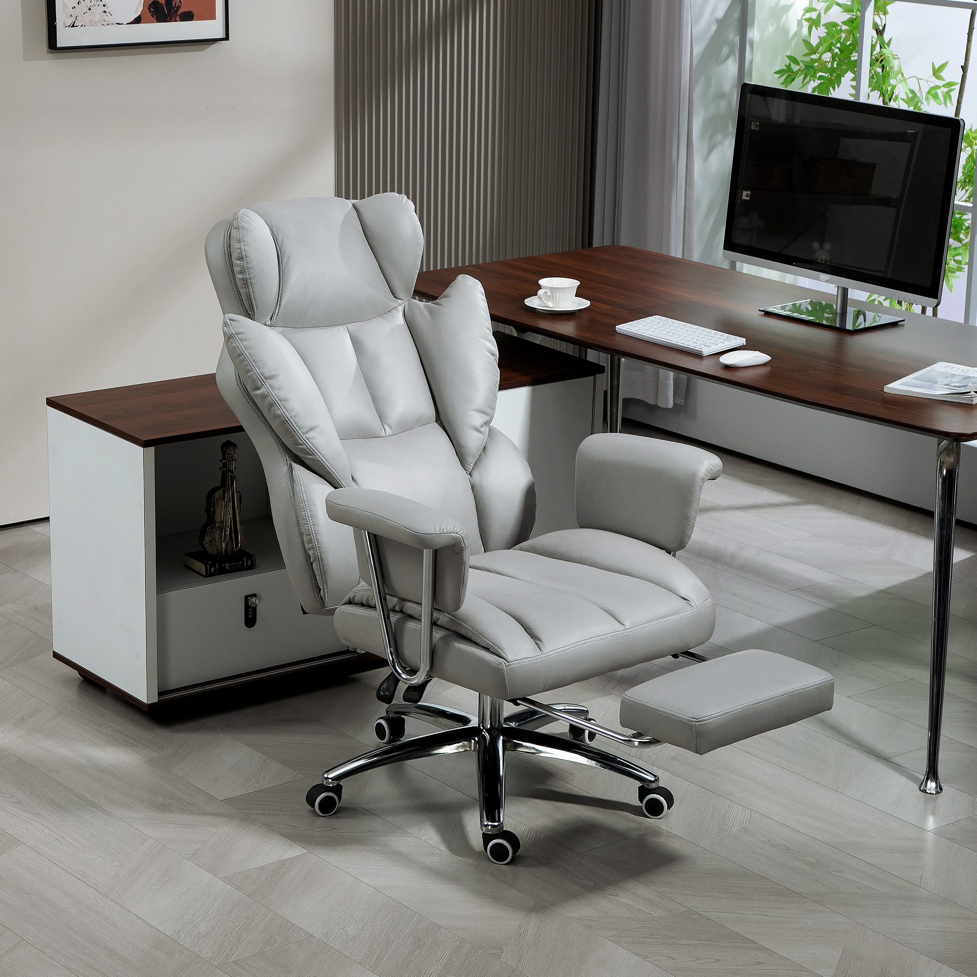 HOMCOM Schreibtischstuhl mit Liegefunktion, Fußstütze, ergonomisch, höhenverstellbar (Bürostuhl, 1 St), bis 120 kg belastbar, für Büro, Arbeitszimmer, Hellgrau