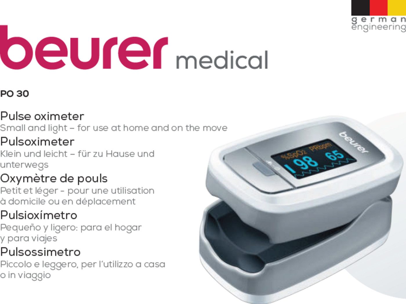 BEURER Pulsoximeter PO30 Sauerstoffsättigung Puls LCD Halteband Tasche